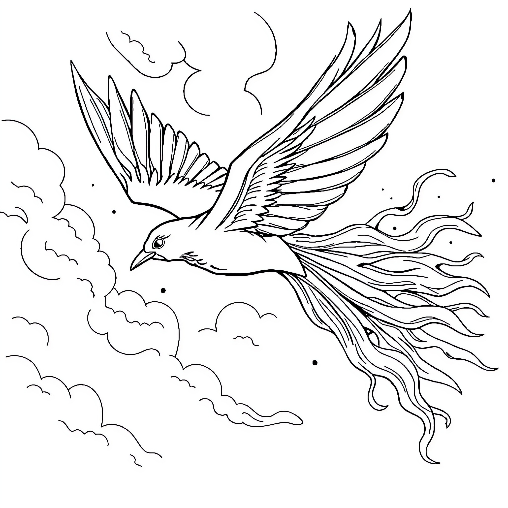 Firebird soaring through the mystical skies Coloring Page (free black-and-white line drawing printable PDF for all, from beginners to advanced learners, including children, teens, adults, and seniors)