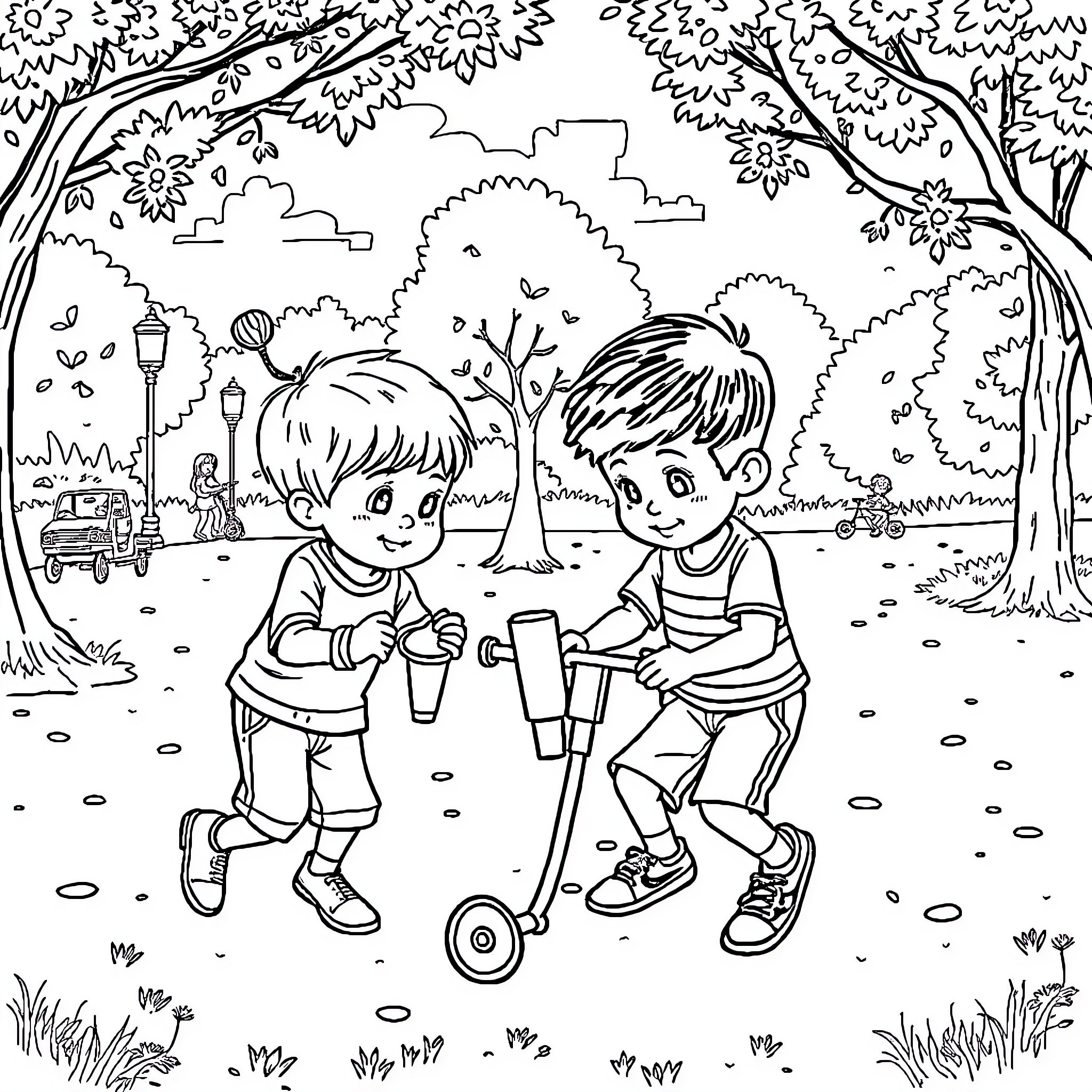Child playing outdoors with friends on scooter Coloring Page (free black-and-white line drawing printable PDF for all, from beginners to advanced learners, including children, teens, adults, and seniors)