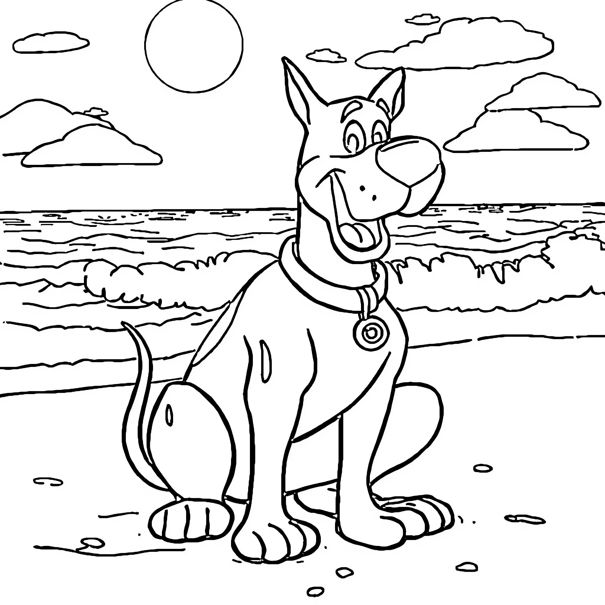 Scooby Doo playing happily by the beach Coloring Page (free black-and-white line drawing printable PDF for all, from beginners to advanced learners, including children, teens, adults, and seniors)