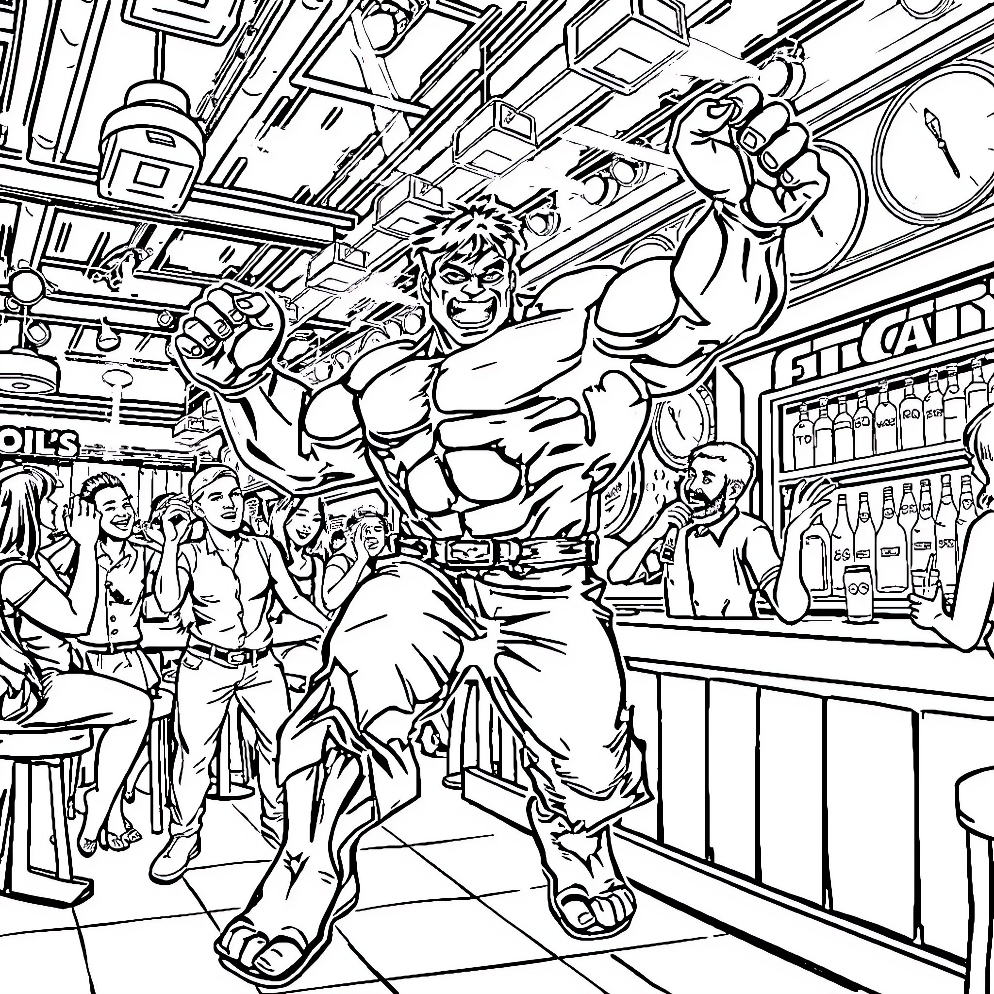 Hulk's Raging Rampage in the Bar Coloring Page (free black-and-white line drawing printable PDF for all, from beginners to advanced learners, including children, teens, adults, and seniors)