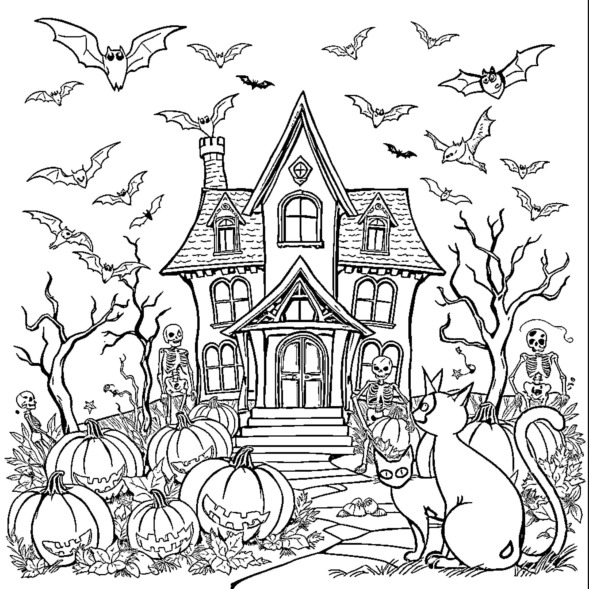 Haunted House with Spooky Decorations and Creatures Coloring Page (free black-and-white line drawing printable PDF for all, from beginners to advanced learners, including children, teens, adults, and seniors)