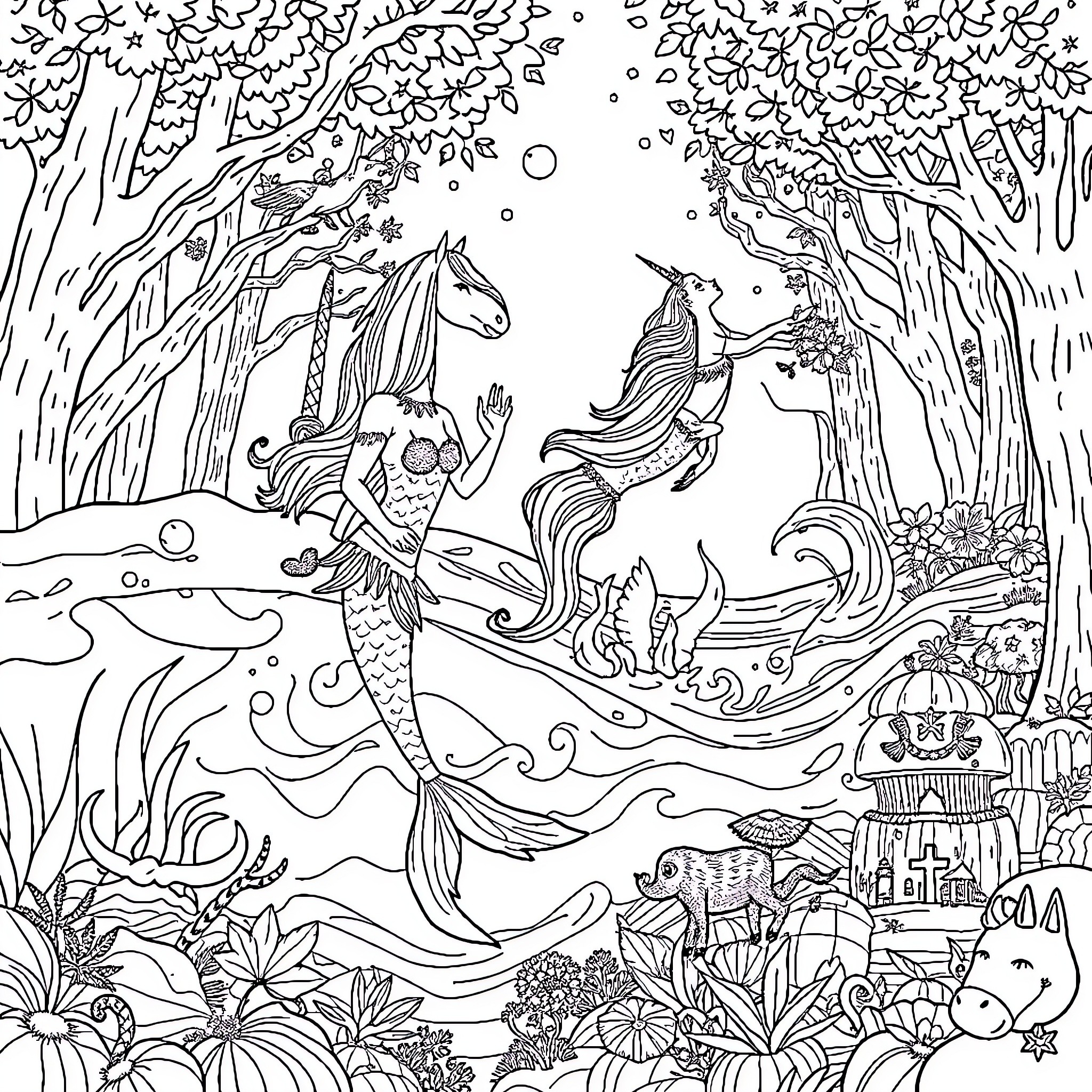 Mermaid Enchantment in the Mystic Underwater Realm Coloring Page (free black-and-white line drawing printable PDF for all, from beginners to advanced learners, including children, teens, adults, and seniors)