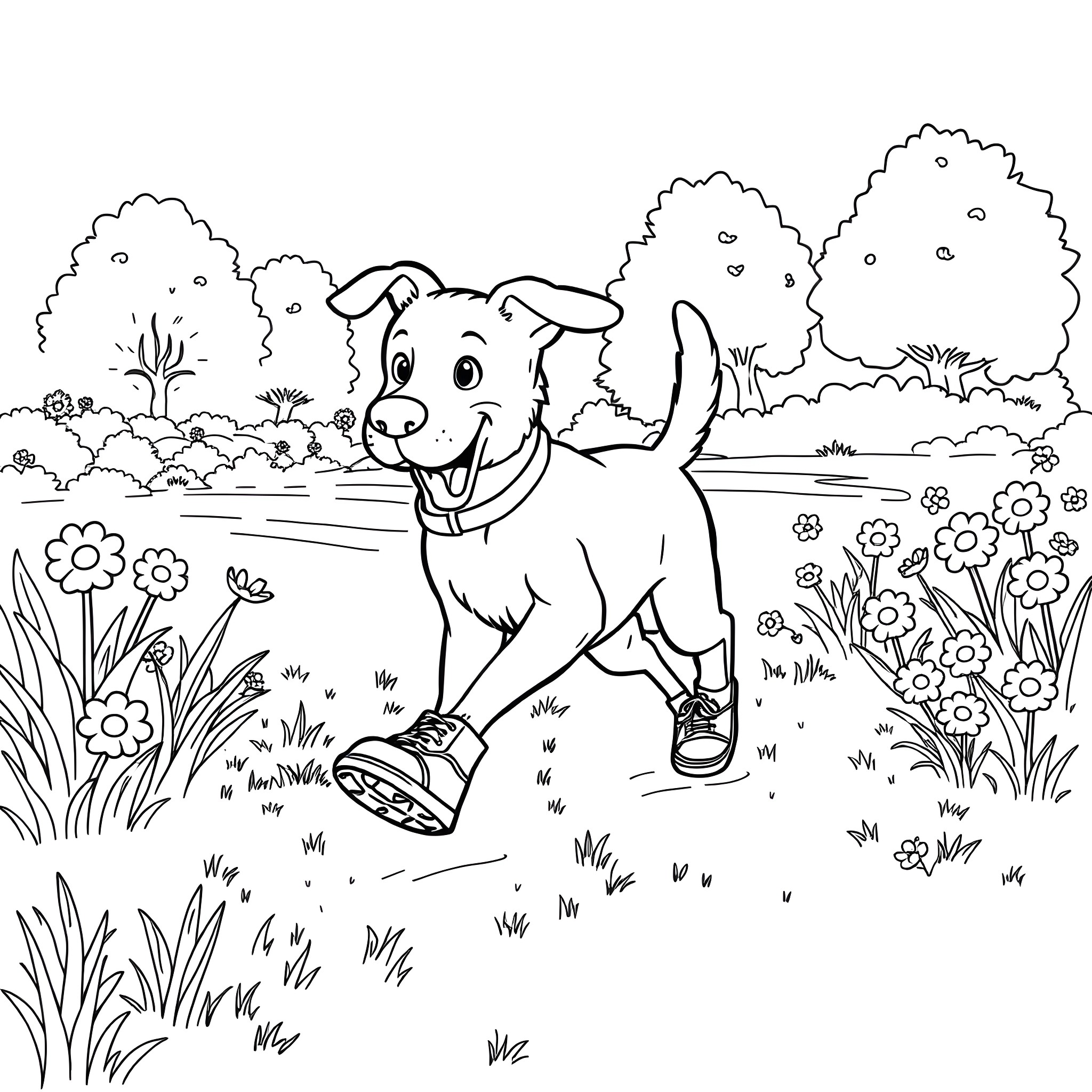 Dog playing happily in the field Coloring Page (free black-and-white line drawing printable PDF for all, from beginners to advanced learners, including children, teens, adults, and seniors)
