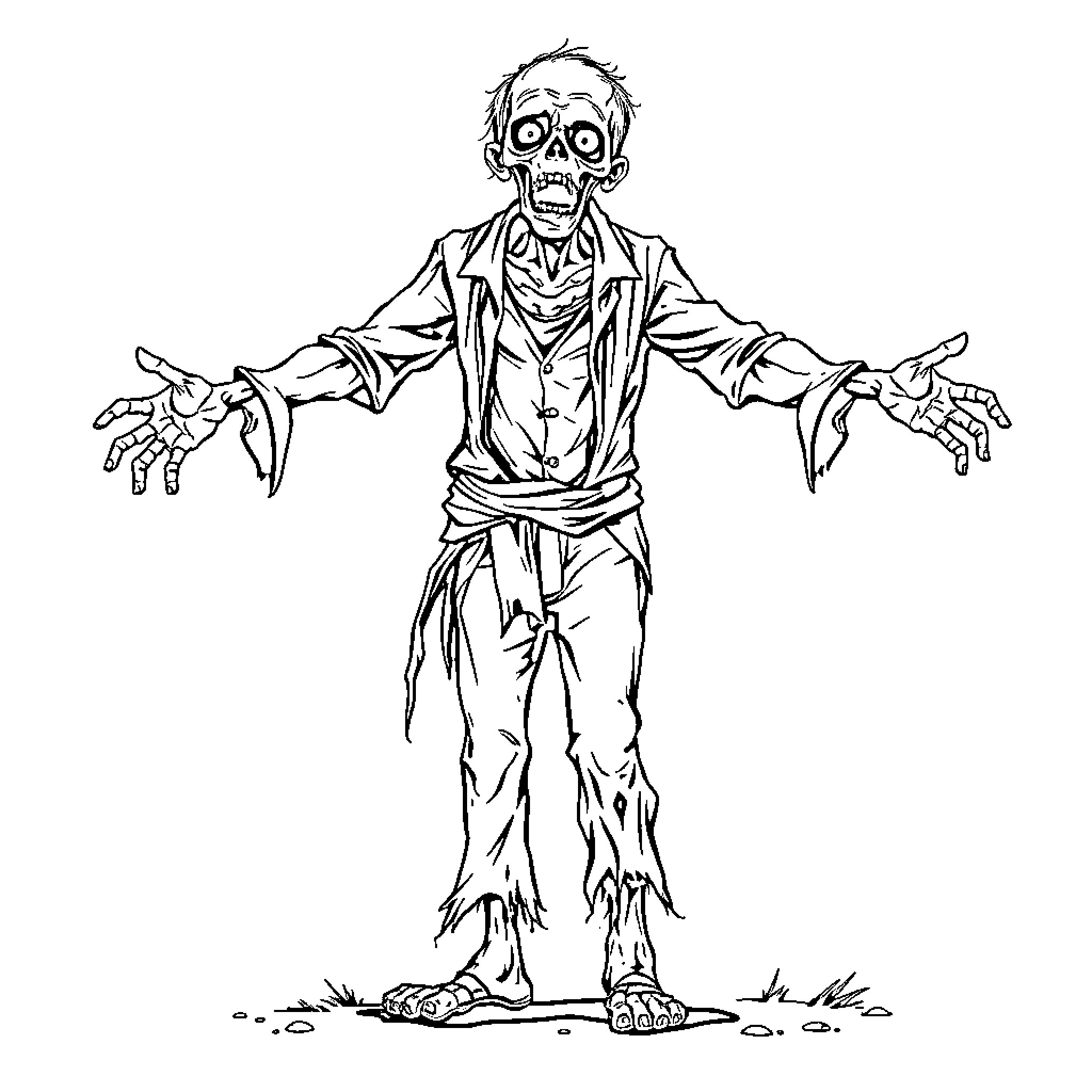 Zombie in tattered clothing with outstretched arms Coloring Page (free black-and-white line drawing printable PDF for all, from beginners to advanced learners, including children, teens, adults, and seniors)
