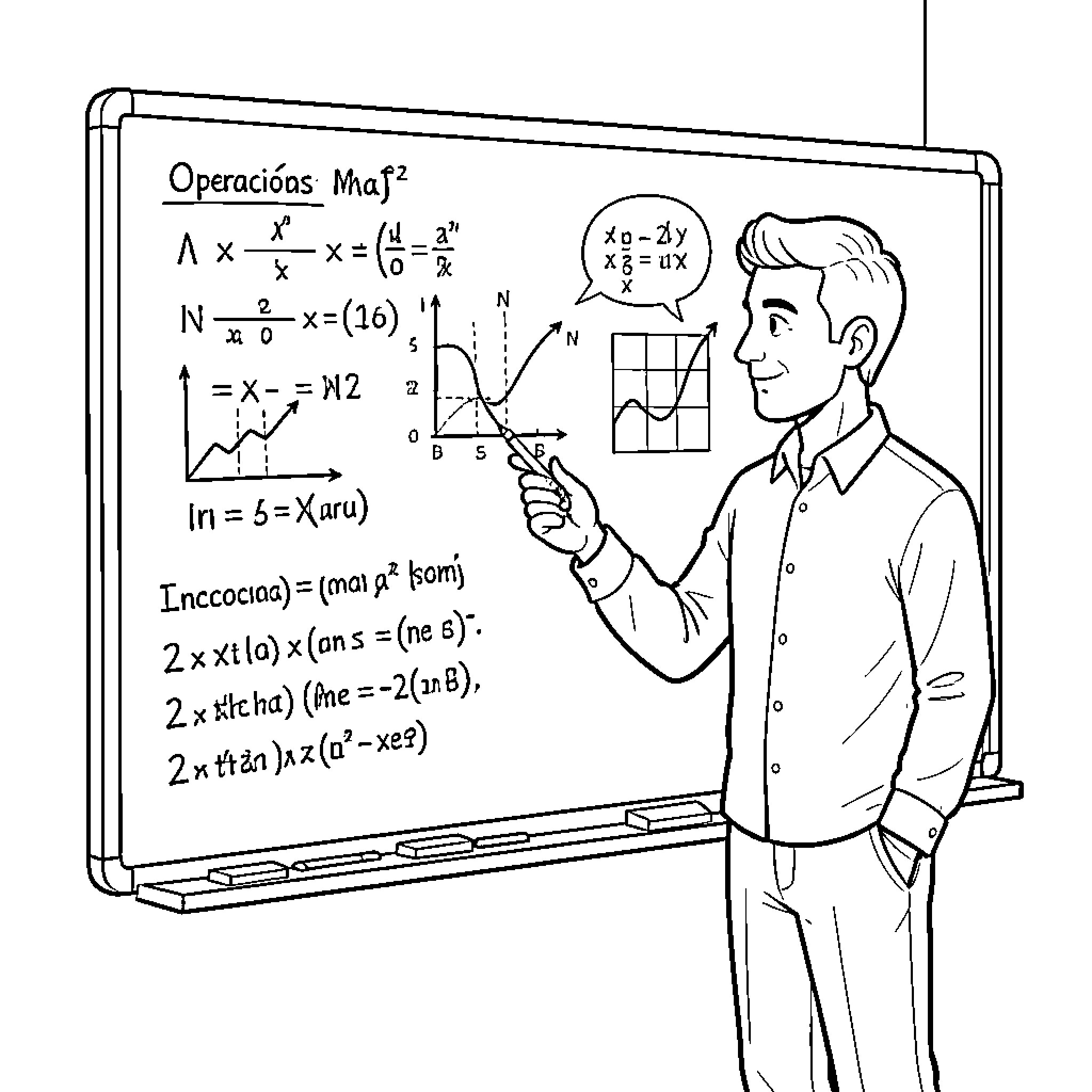 Profesor teaching mathematical equations on whiteboard Coloring Page (free black-and-white line drawing printable PDF for all, from beginners to advanced learners, including children, teens, adults, and seniors)