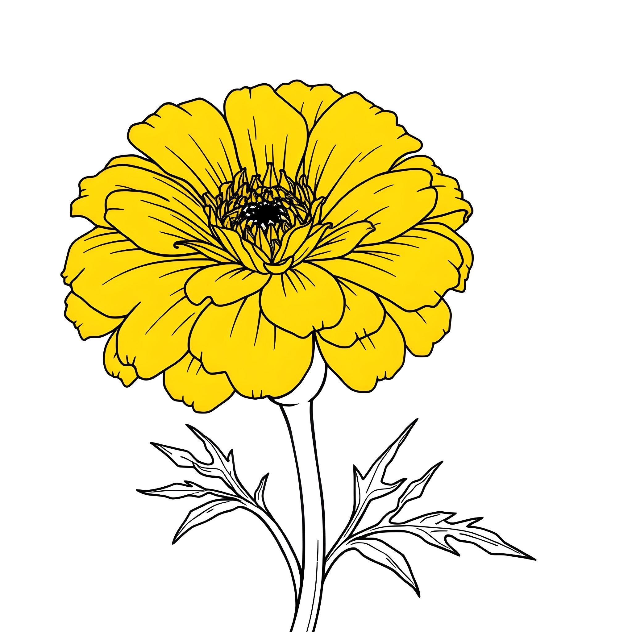 Marygold flower in full bloom Coloring Page (free black-and-white line drawing printable PDF for all, from beginners to advanced learners, including children, teens, adults, and seniors)