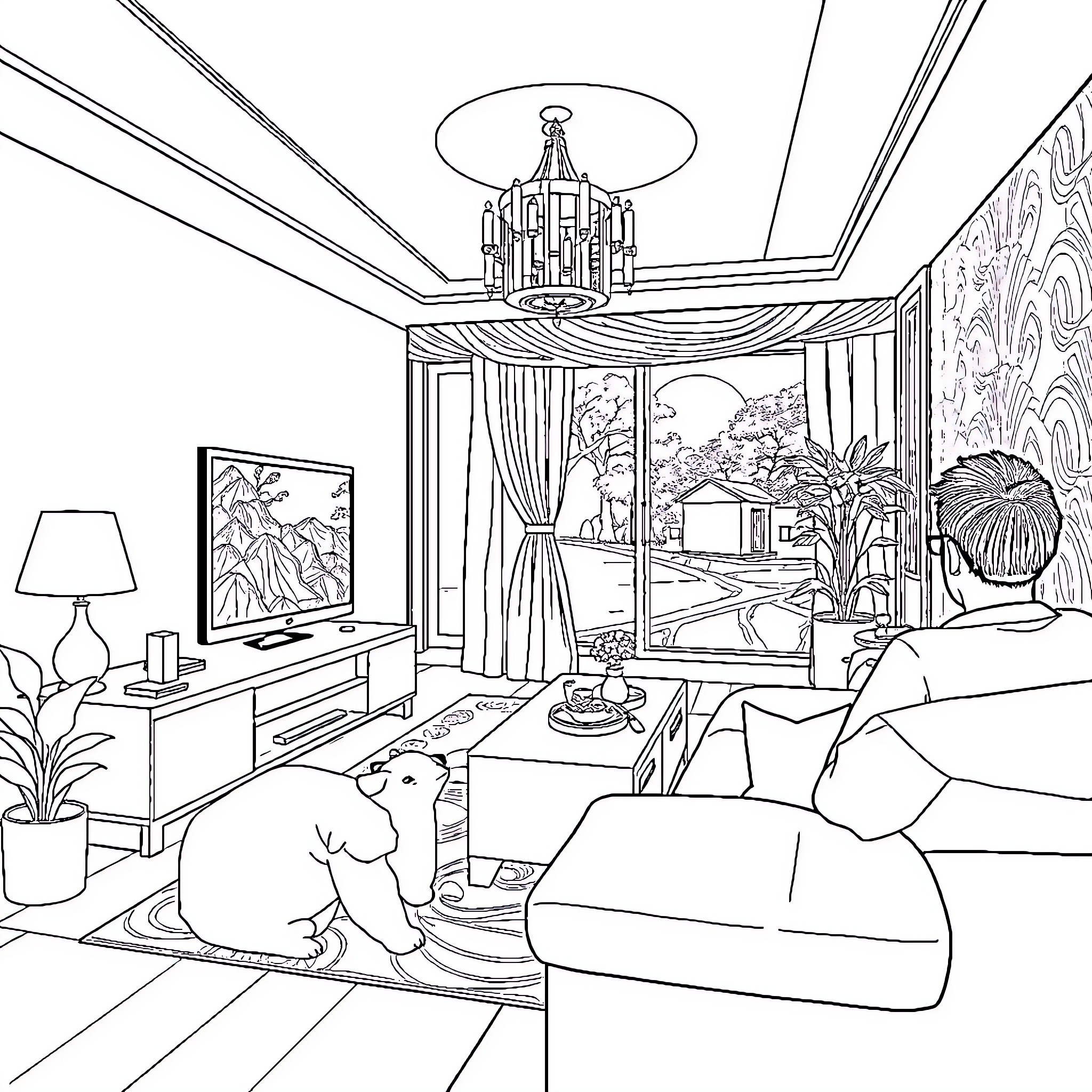 TV Room with Cozy Furnishings and Artwork Coloring Page (free black-and-white line drawing printable PDF for all, from beginners to advanced learners, including children, teens, adults, and seniors)