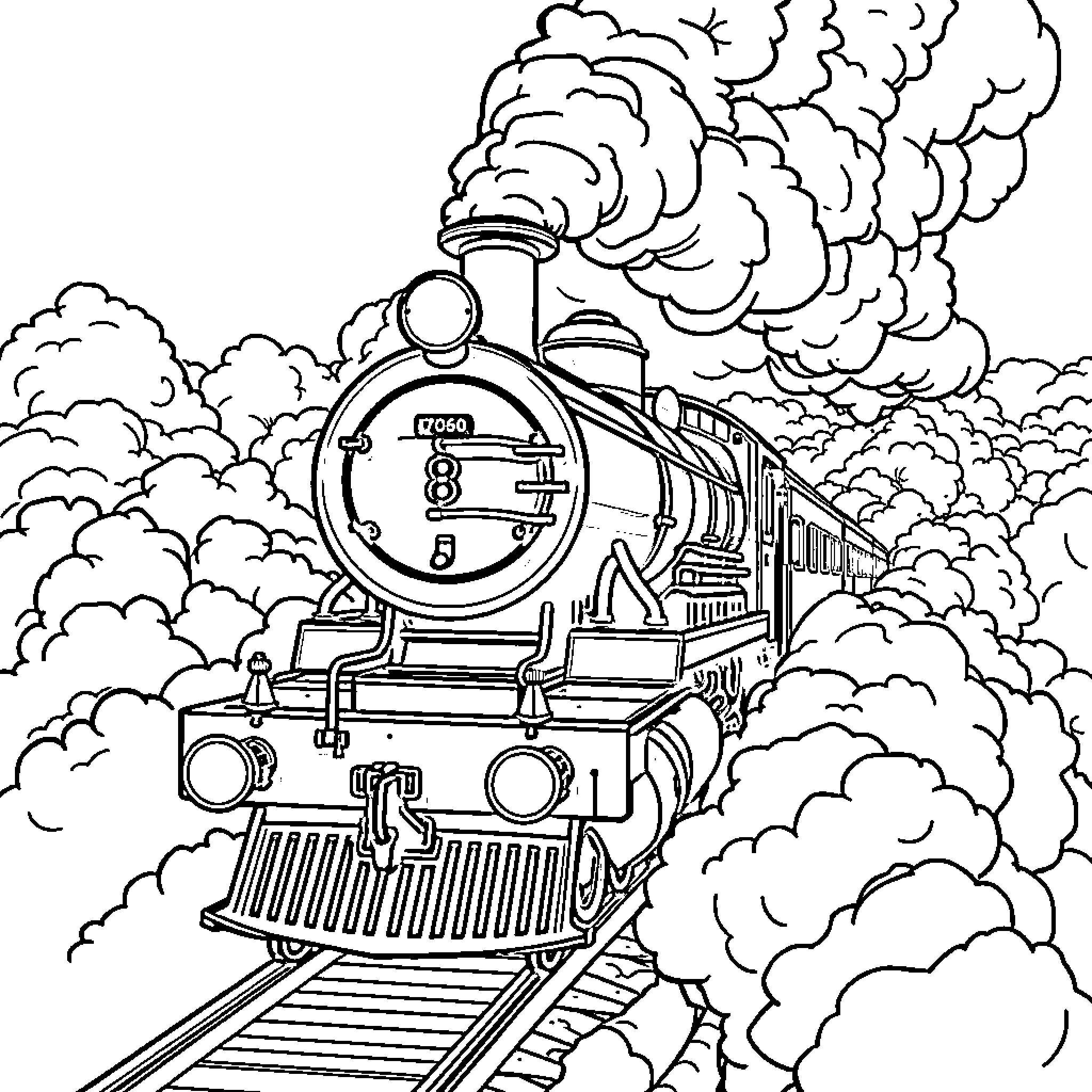 Steam Train Speeding Through Cloudy Landscape Coloring Page (free black-and-white line drawing printable PDF for all, from beginners to advanced learners, including children, teens, adults, and seniors)