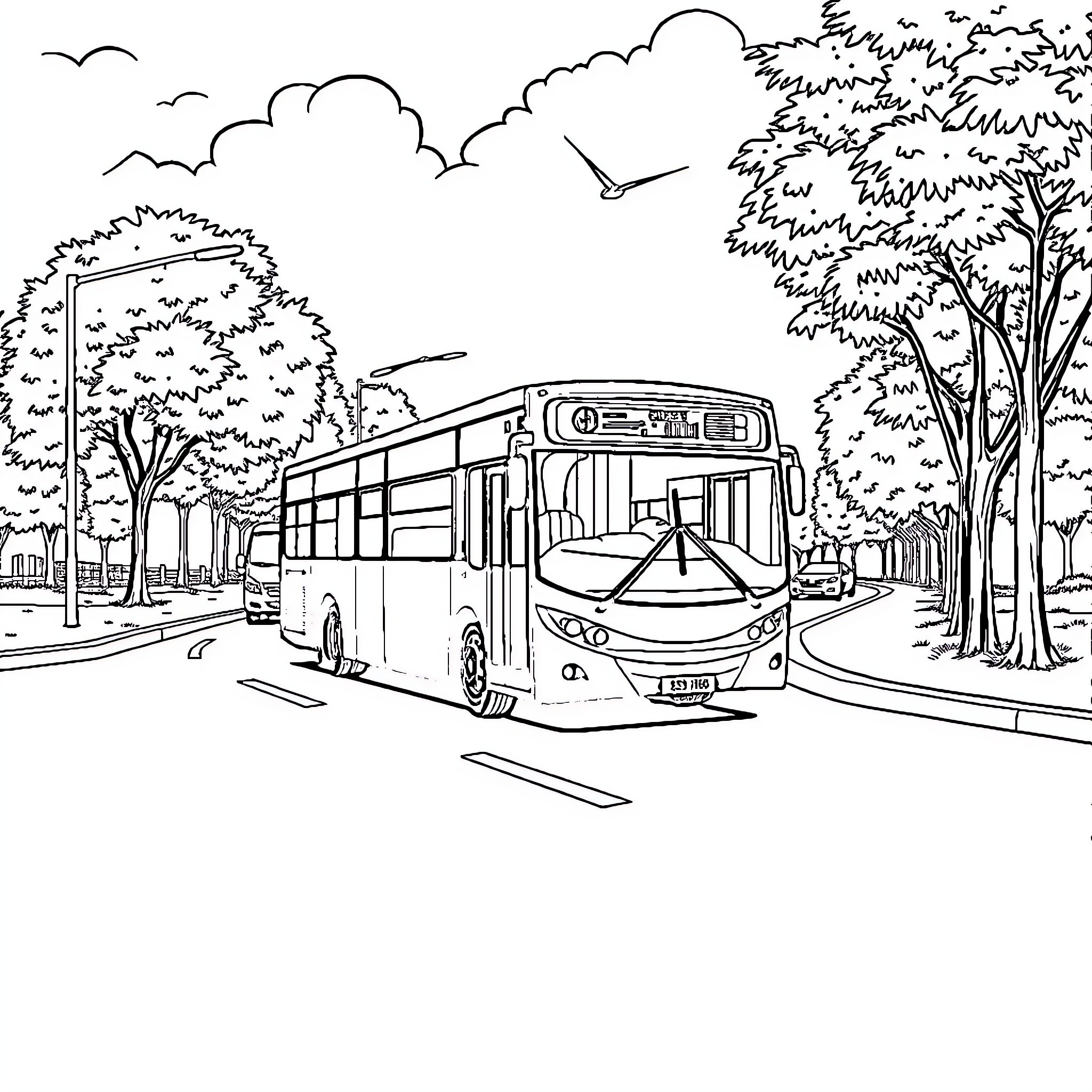 Bus travelling through a scenic urban landscape Coloring Page (free black-and-white line drawing printable PDF for all, from beginners to advanced learners, including children, teens, adults, and seniors)