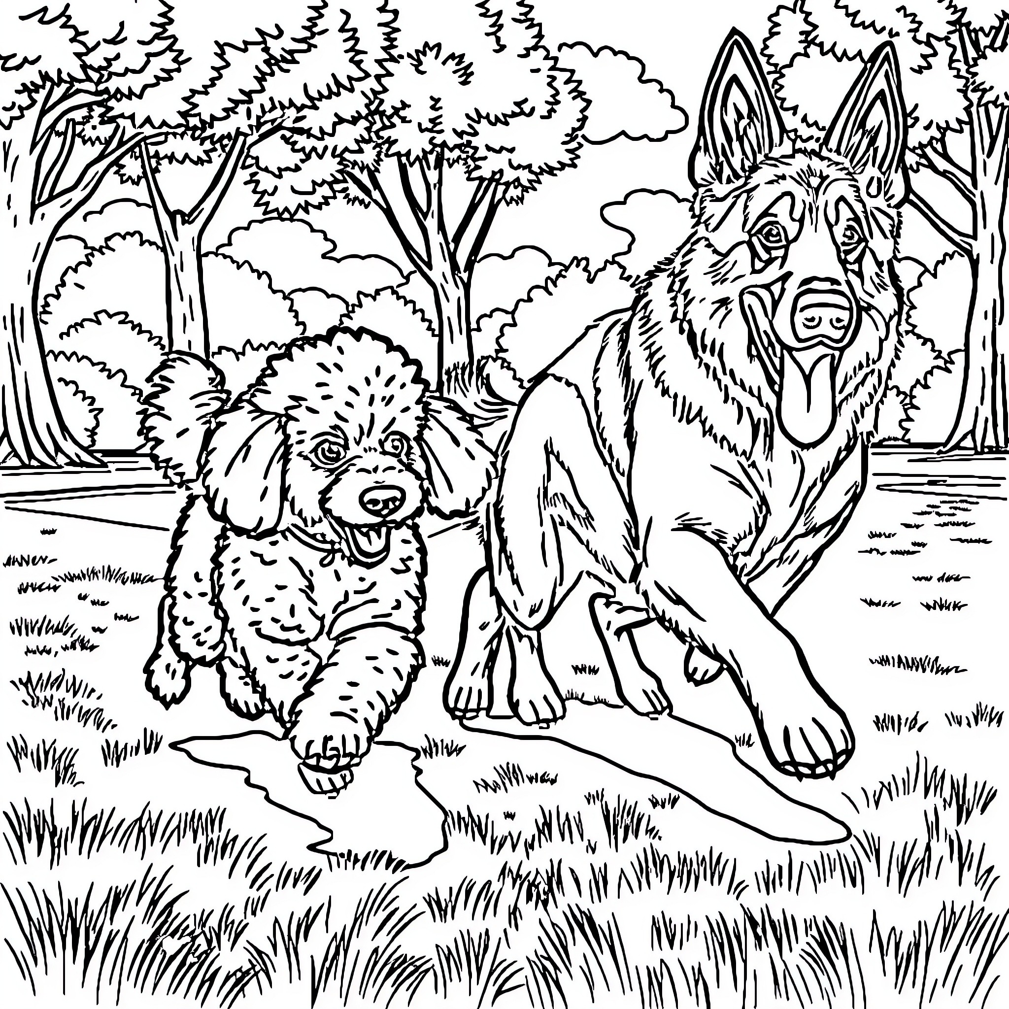 Poodle companions in the woodland landscape Coloring Page (free black-and-white line drawing printable PDF for all, from beginners to advanced learners, including children, teens, adults, and seniors)