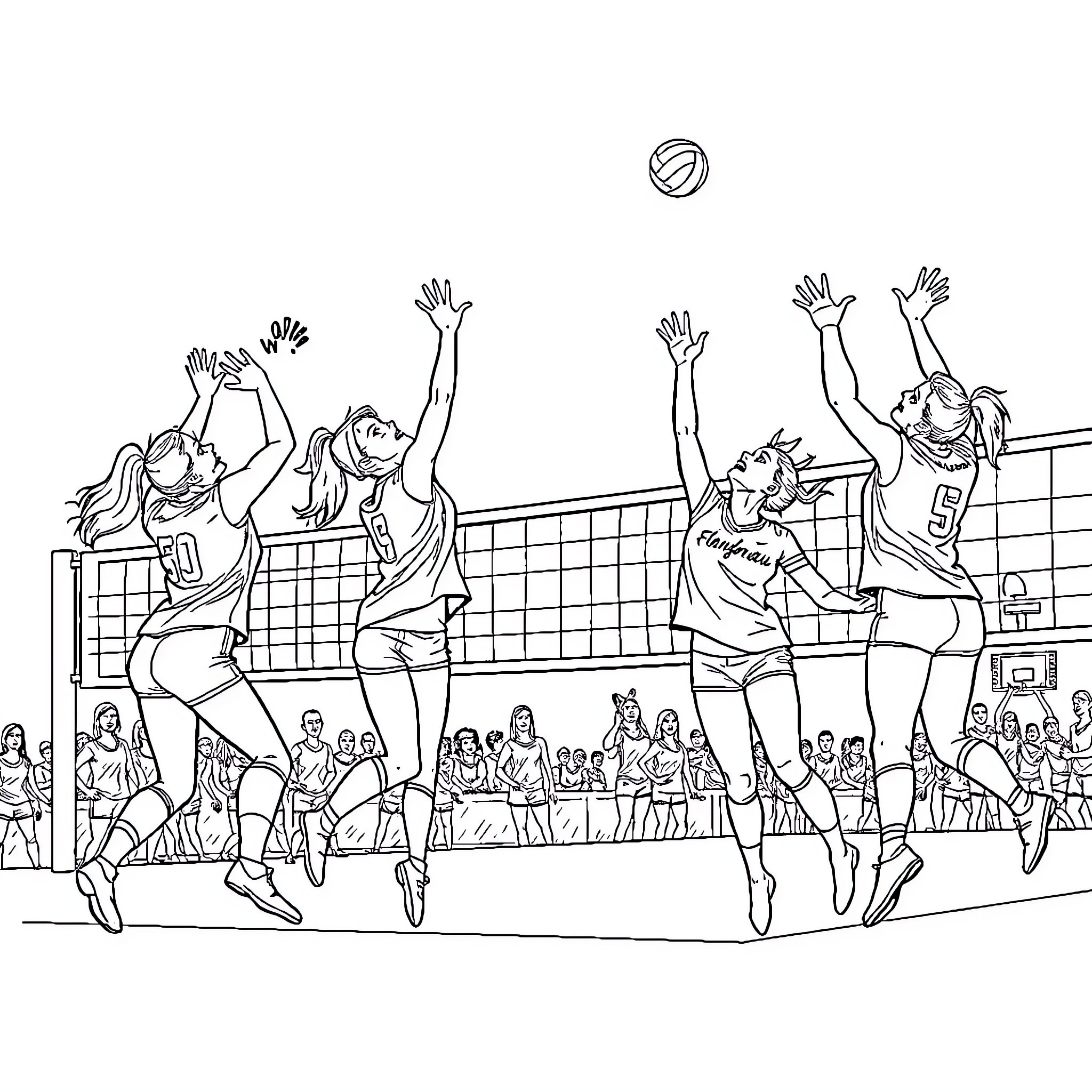 Volleyball players in an intense match Coloring Page (free black-and-white line drawing printable PDF for all, from beginners to advanced learners, including children, teens, adults, and seniors)