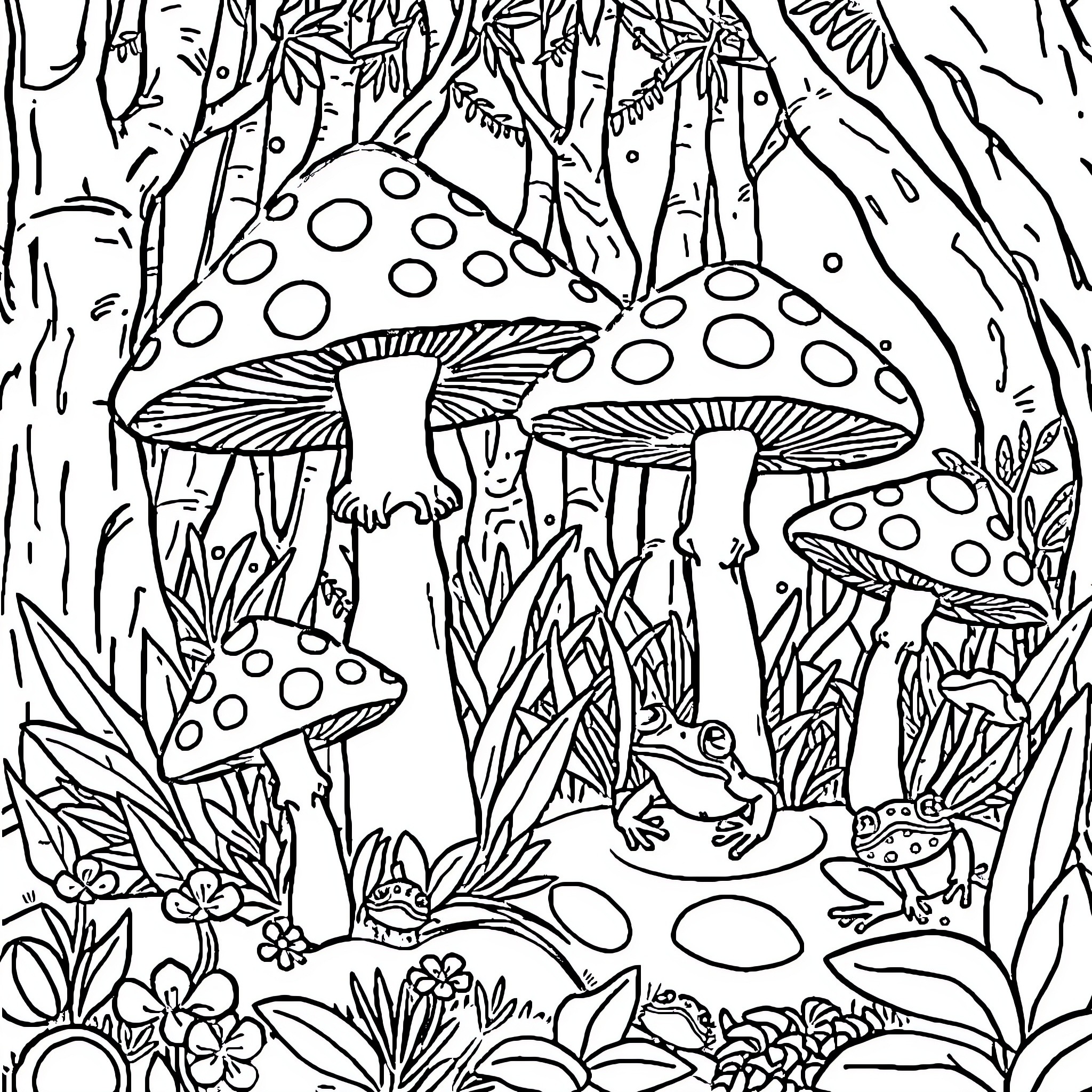 Mushroom Forest Dwellers Coloring Page (free black-and-white line drawing printable PDF for all, from beginners to advanced learners, including children, teens, adults, and seniors)