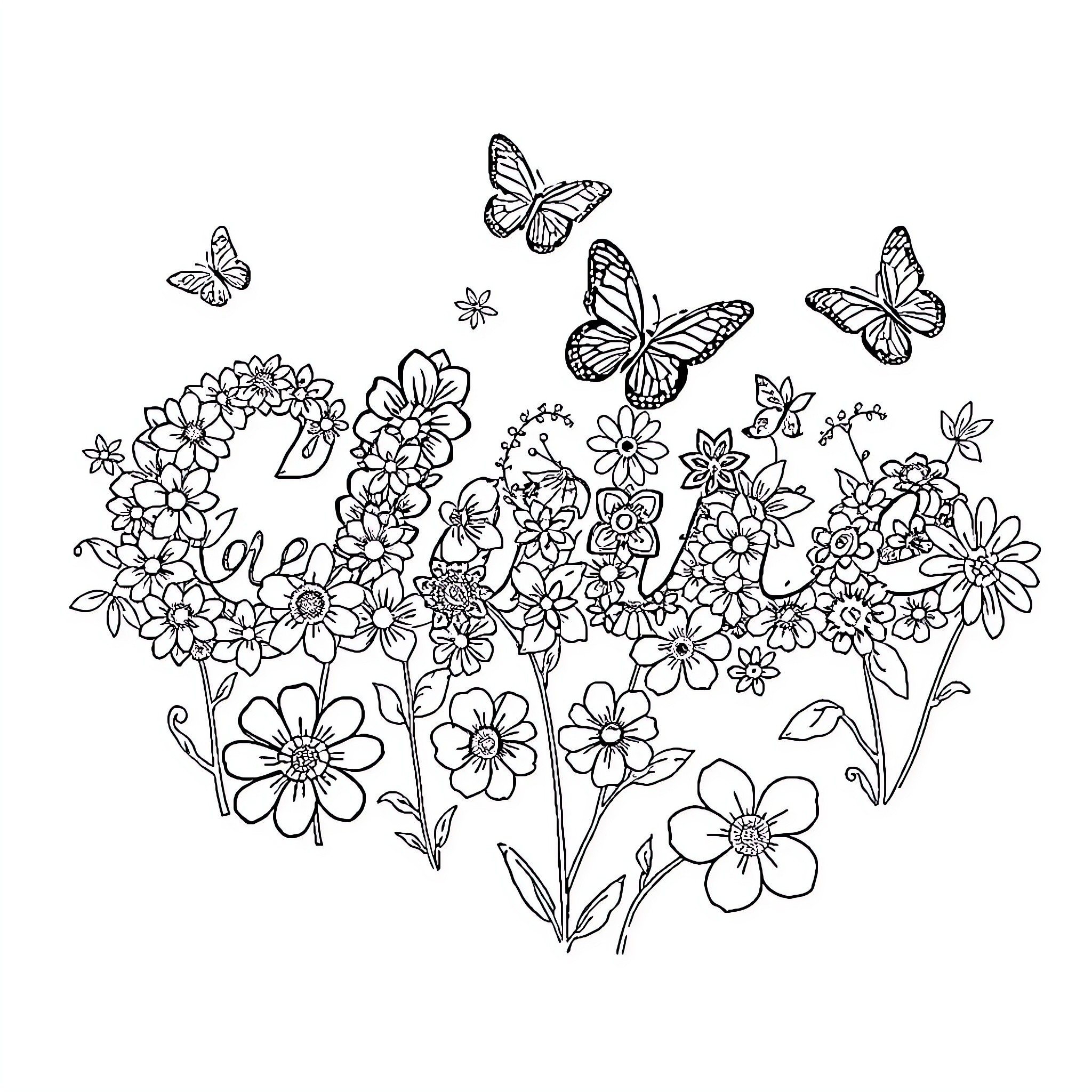 Claire's Floral Meadow with Butterflies Coloring Page (free black-and-white line drawing printable PDF for all, from beginners to advanced learners, including children, teens, adults, and seniors)