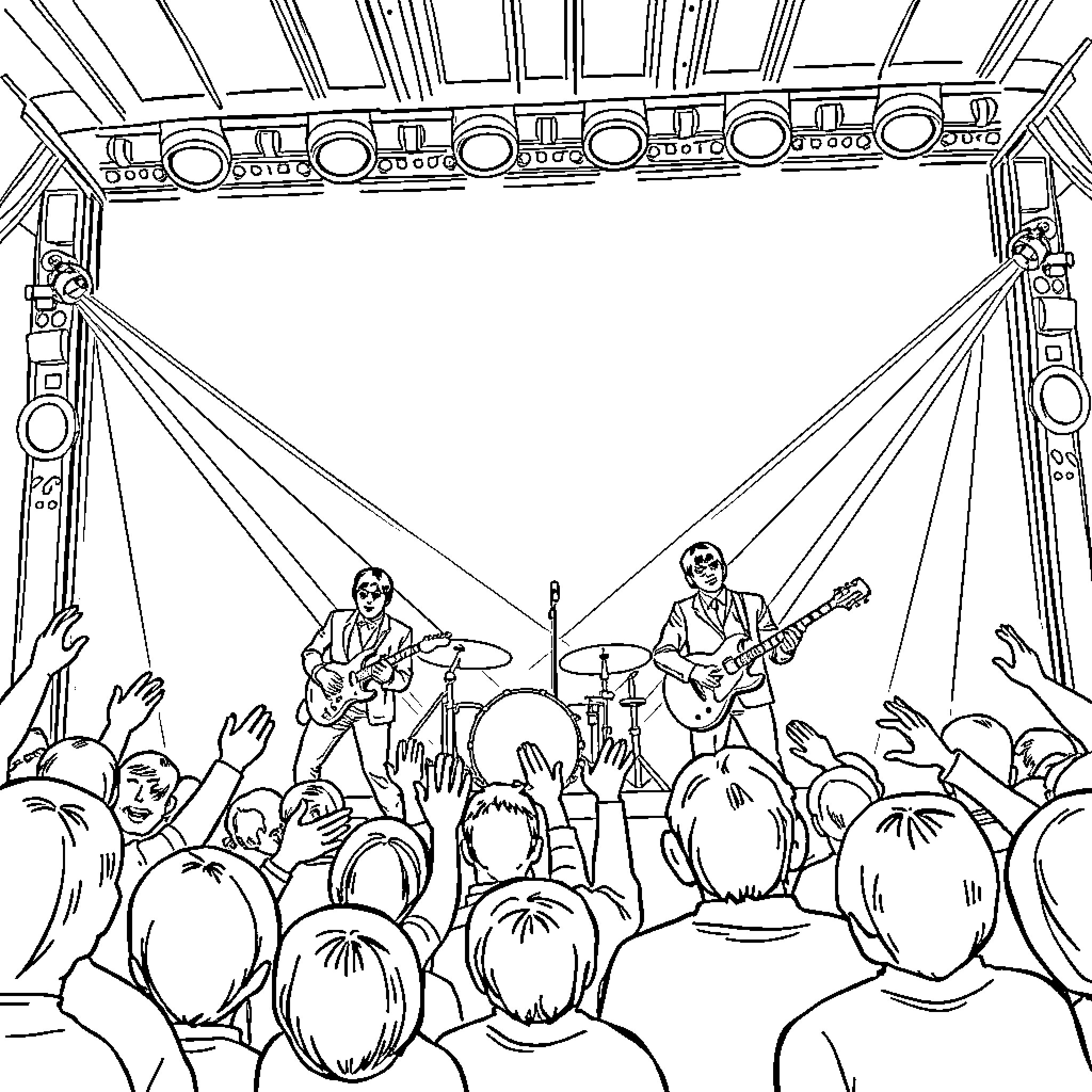 Beatles performing on a concert stage Coloring Page (free black-and-white line drawing printable PDF for all, from beginners to advanced learners, including children, teens, adults, and seniors)