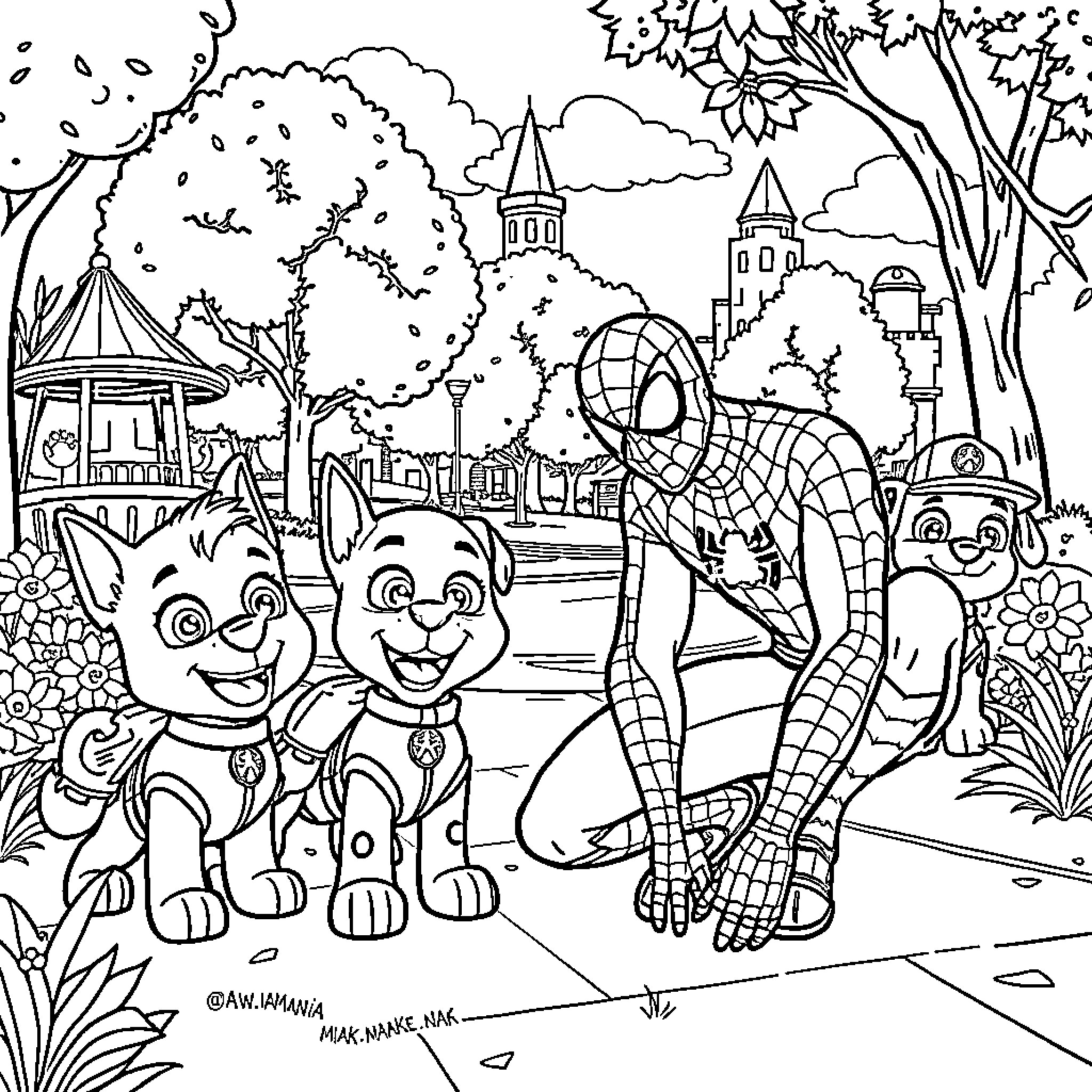 Spiderman and Friends Explore the Magical Park Coloring Page (free black-and-white line drawing printable PDF for all, from beginners to advanced learners, including children, teens, adults, and seniors)