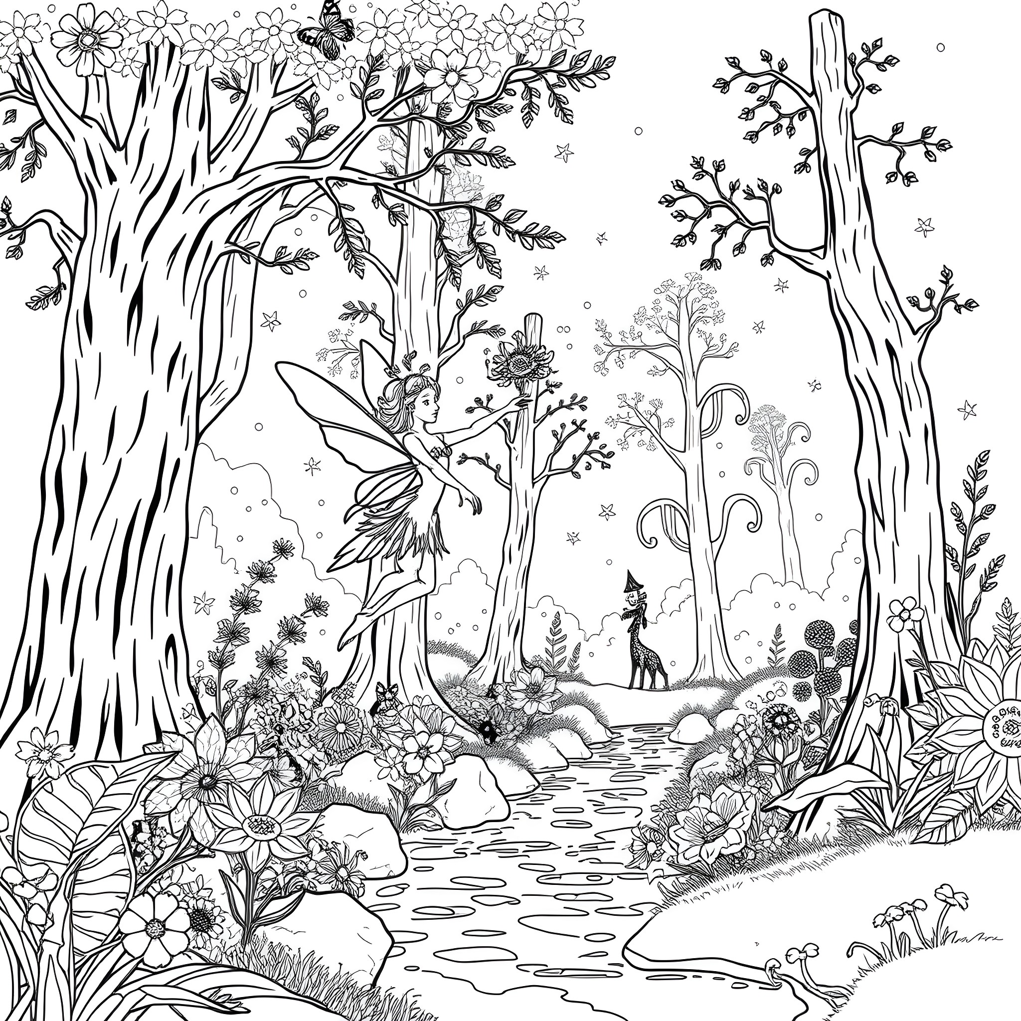 Fairy woodland scene with nature elements Coloring Page (free black-and-white line drawing printable PDF for all, from beginners to advanced learners, including children, teens, adults, and seniors)