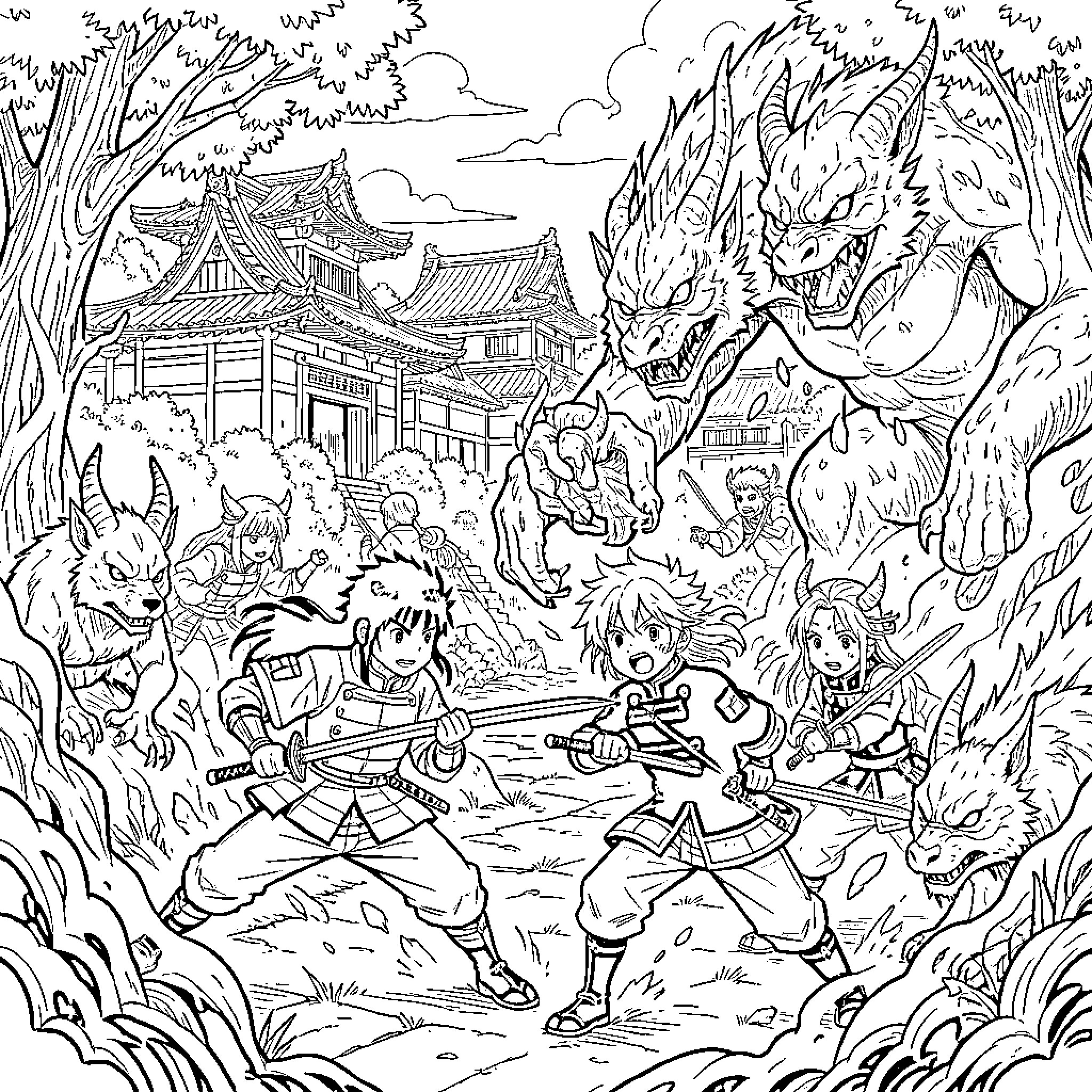 Kimetsu no Yaiba: Demon Slayers in Fierce Battle Coloring Page (free black-and-white line drawing printable PDF for all, from beginners to advanced learners, including children, teens, adults, and seniors)