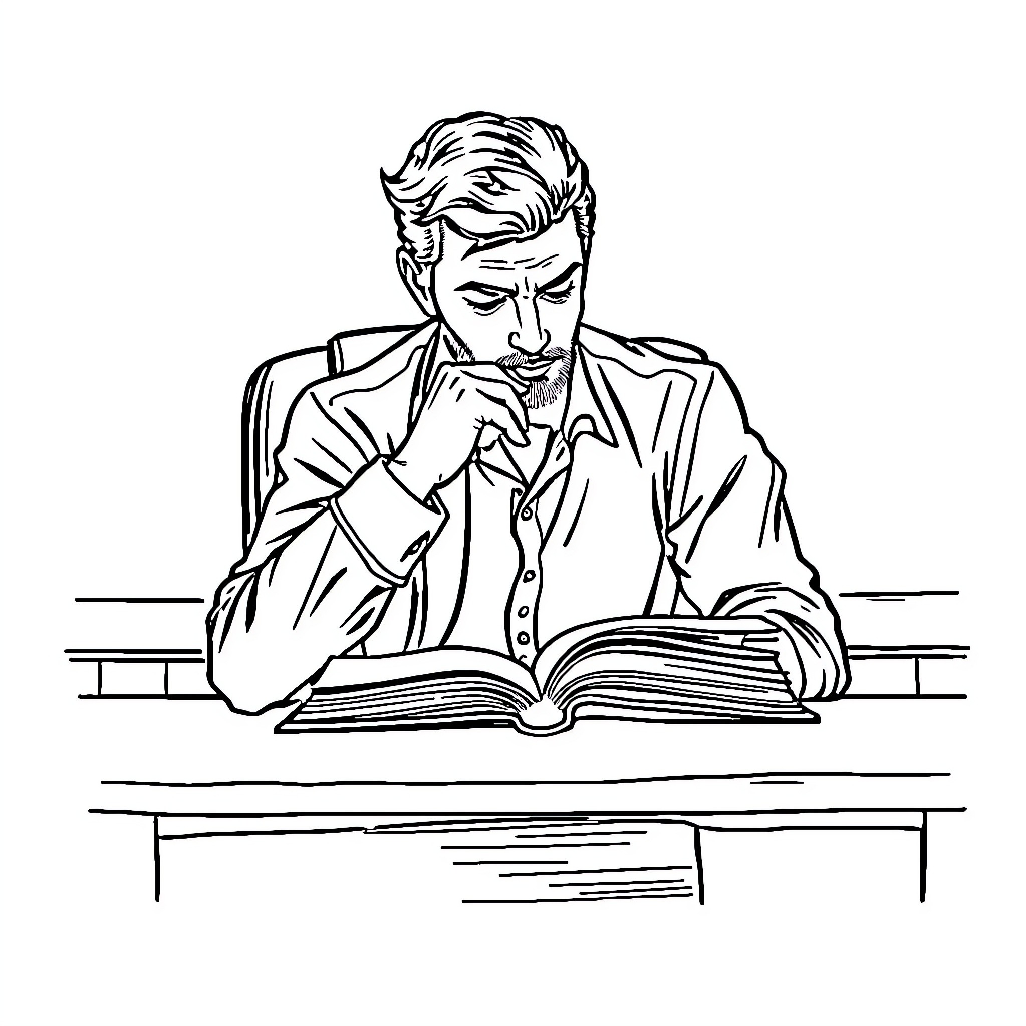 Man studying intently at his desk Coloring Page (free black-and-white line drawing printable PDF for all, from beginners to advanced learners, including children, teens, adults, and seniors)