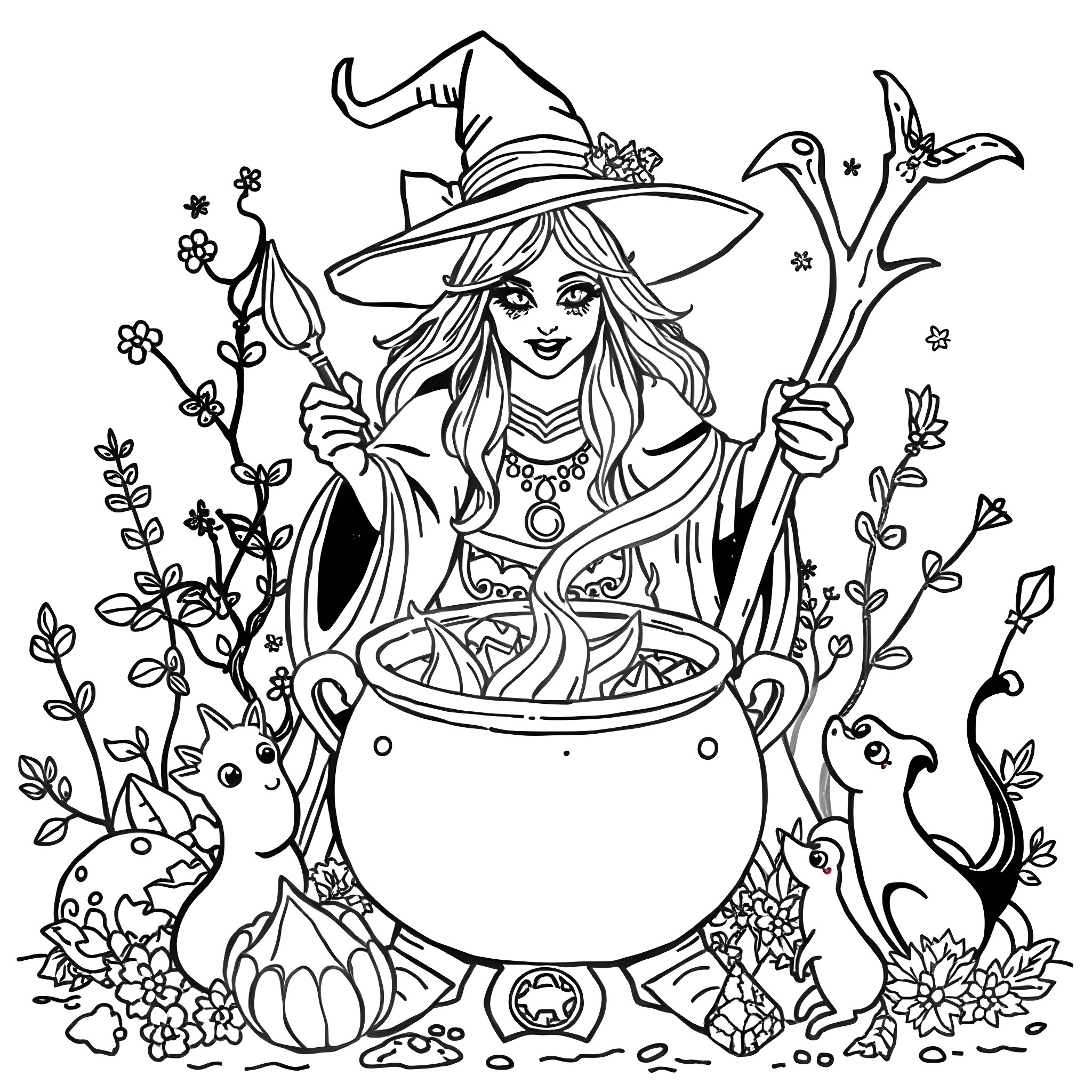 Witch concocting a magical potion in the enchanted forest Coloring Page (free black-and-white line drawing printable PDF for all, from beginners to advanced learners, including children, teens, adults, and seniors)