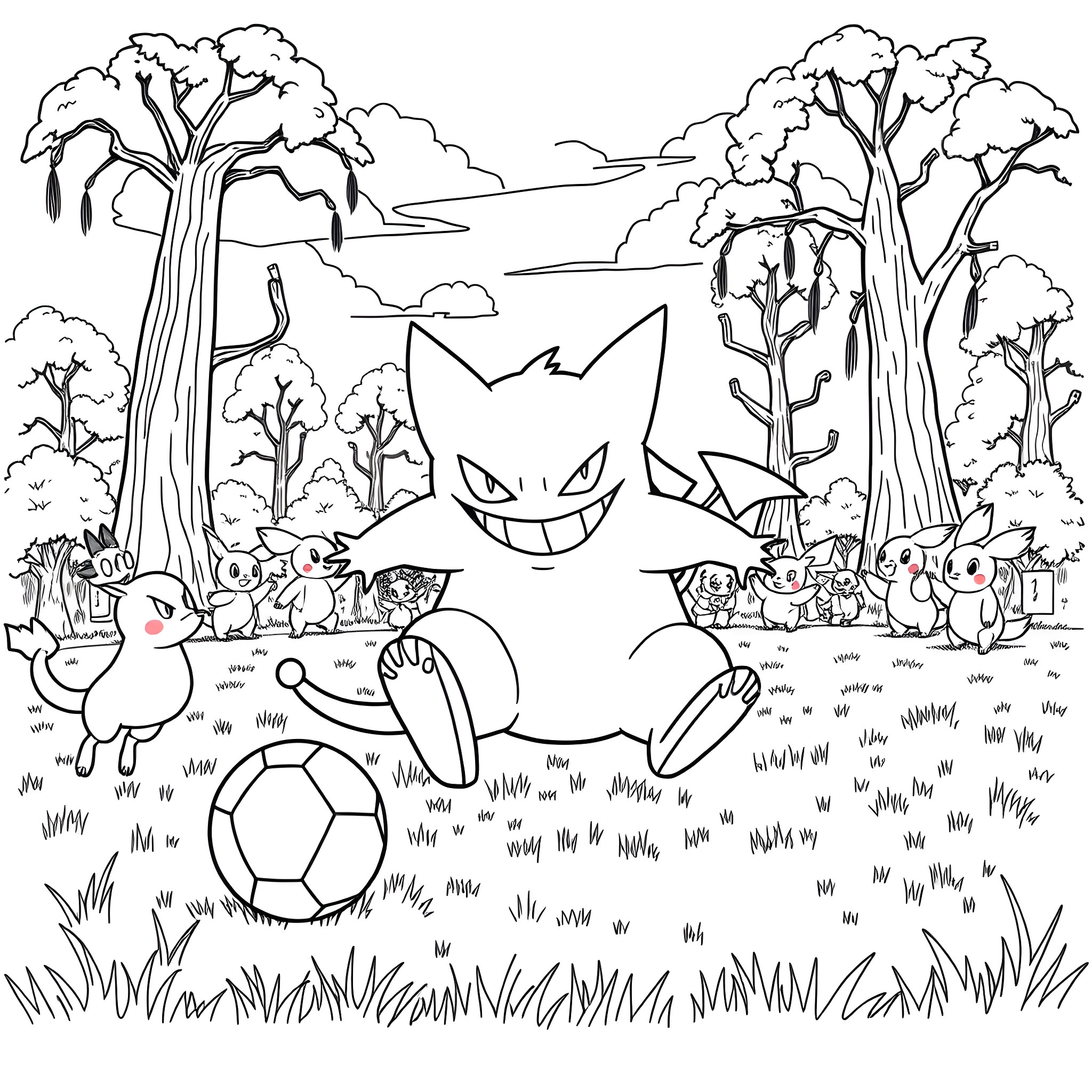 Gengar playing with Pokemon friends in the forest Coloring Page (free black-and-white line drawing printable PDF for all, from beginners to advanced learners, including children, teens, adults, and seniors)