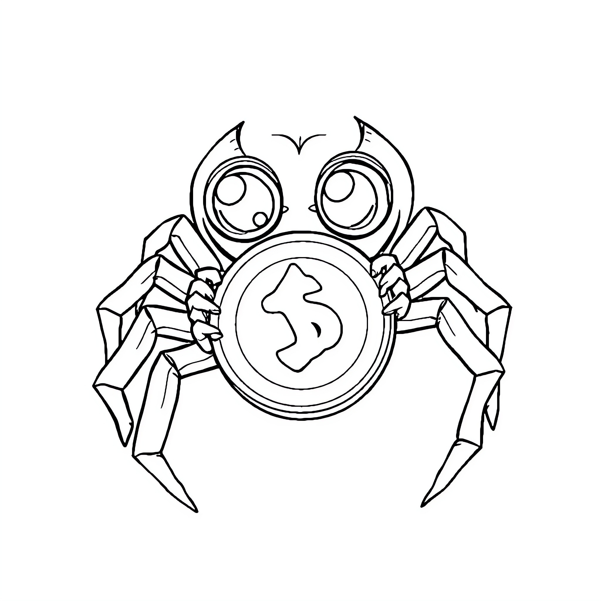 Spider-themed coin holding character with pointed limbs Coloring Page (free black-and-white line drawing printable PDF for all, from beginners to advanced learners, including children, teens, adults, and seniors)
