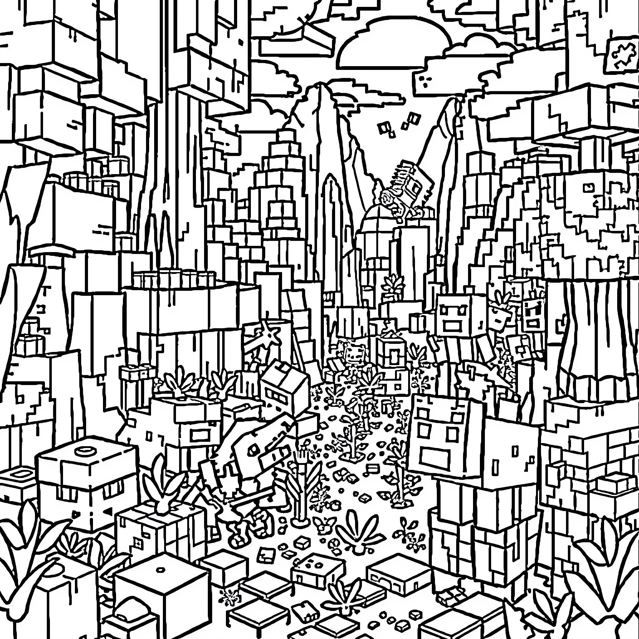 Minecraft Cityscape with Intricate Geometric Shapes Coloring Page (free black-and-white line drawing printable PDF for all, from beginners to advanced learners, including children, teens, adults, and seniors)