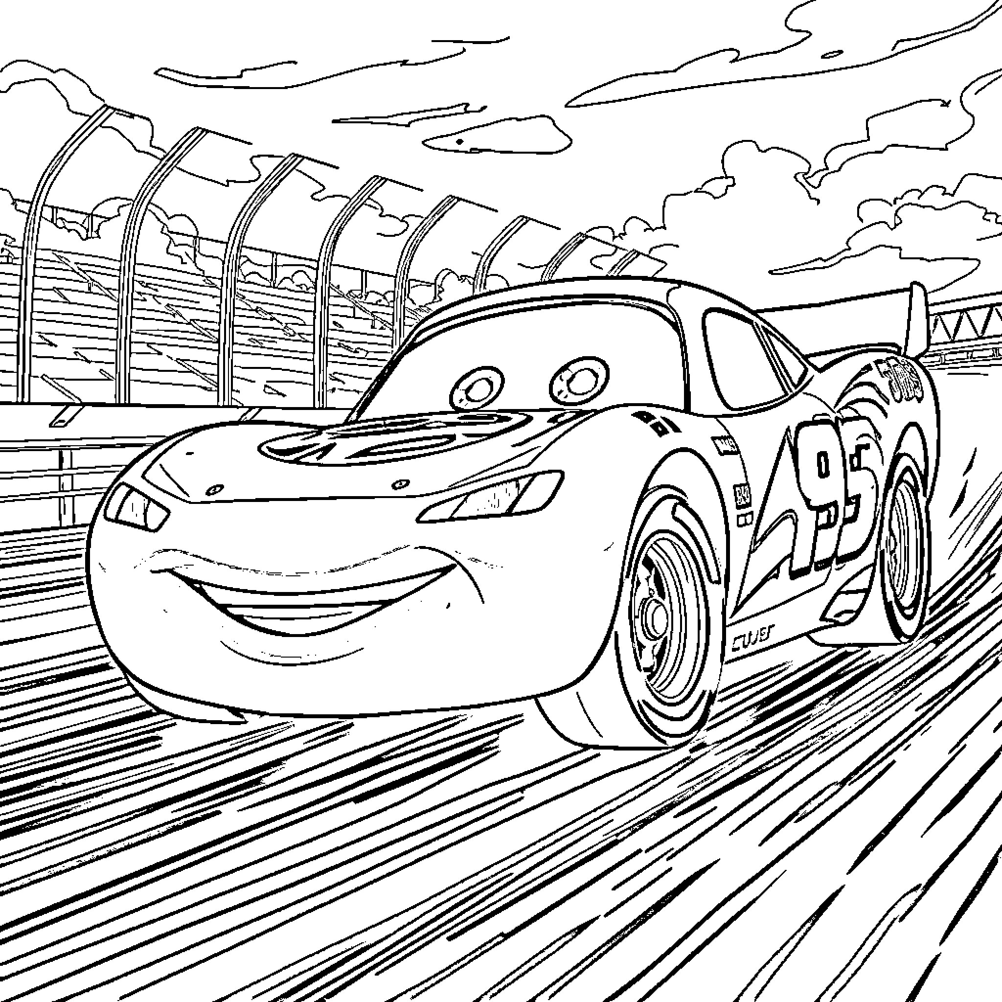 Rayo McQueen racing at the track Coloring Page (free black-and-white line drawing printable PDF for all, from beginners to advanced learners, including children, teens, adults, and seniors)