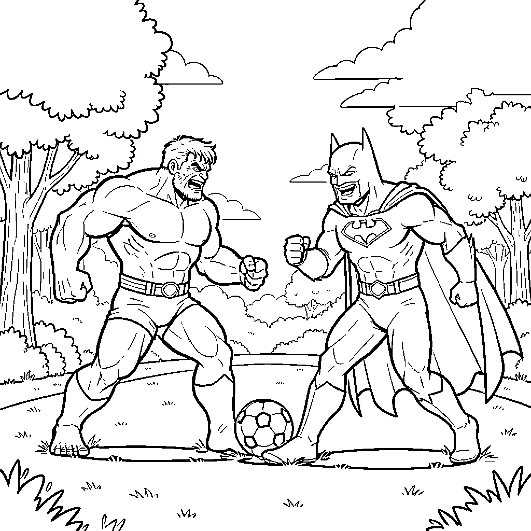 Hulk and Batman playing soccer in the park Coloring Page (free black-and-white line drawing printable PDF for all, from beginners to advanced learners, including children, teens, adults, and seniors)