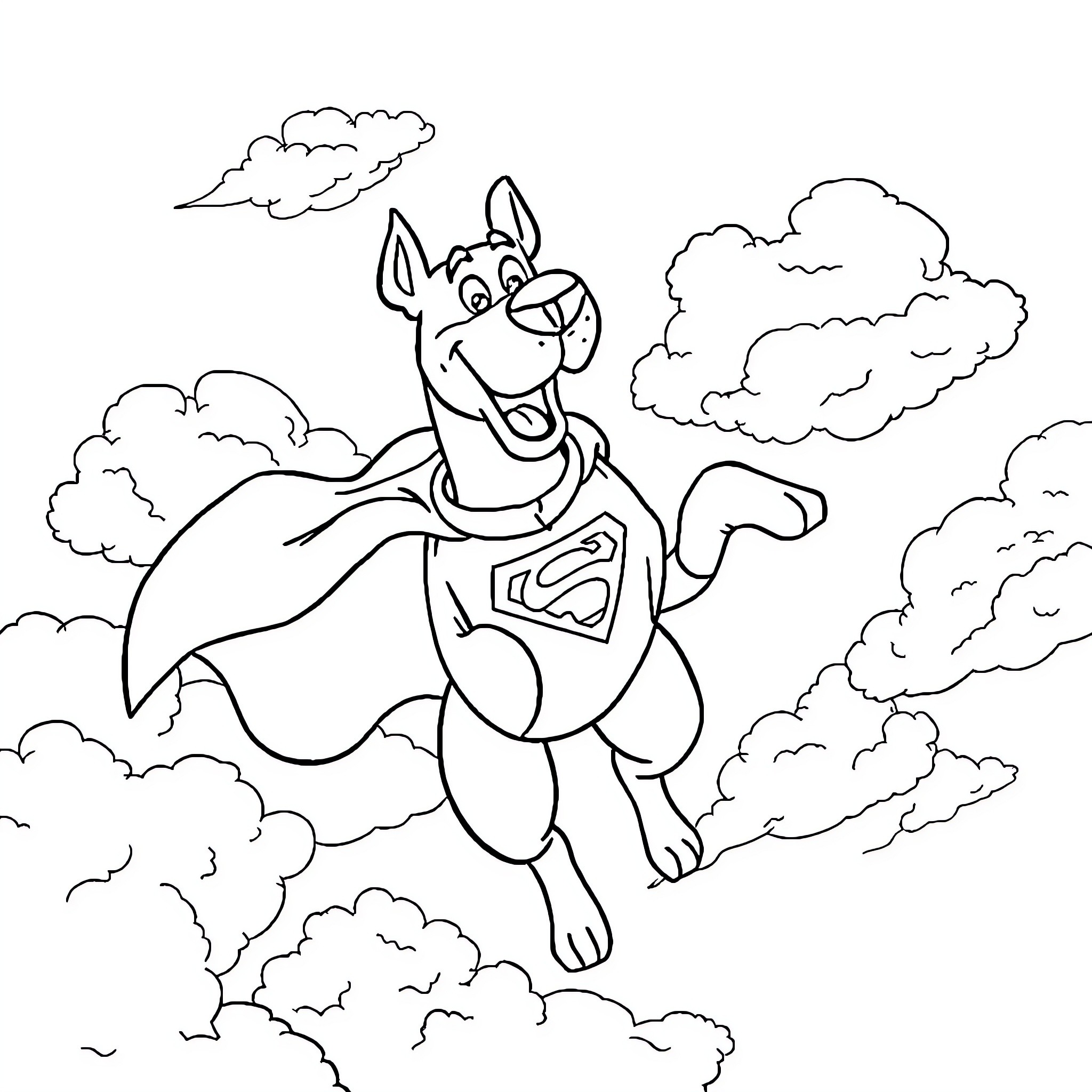 Scooby Doo soaring through the cloudy sky Coloring Page (free black-and-white line drawing printable PDF for all, from beginners to advanced learners, including children, teens, adults, and seniors)