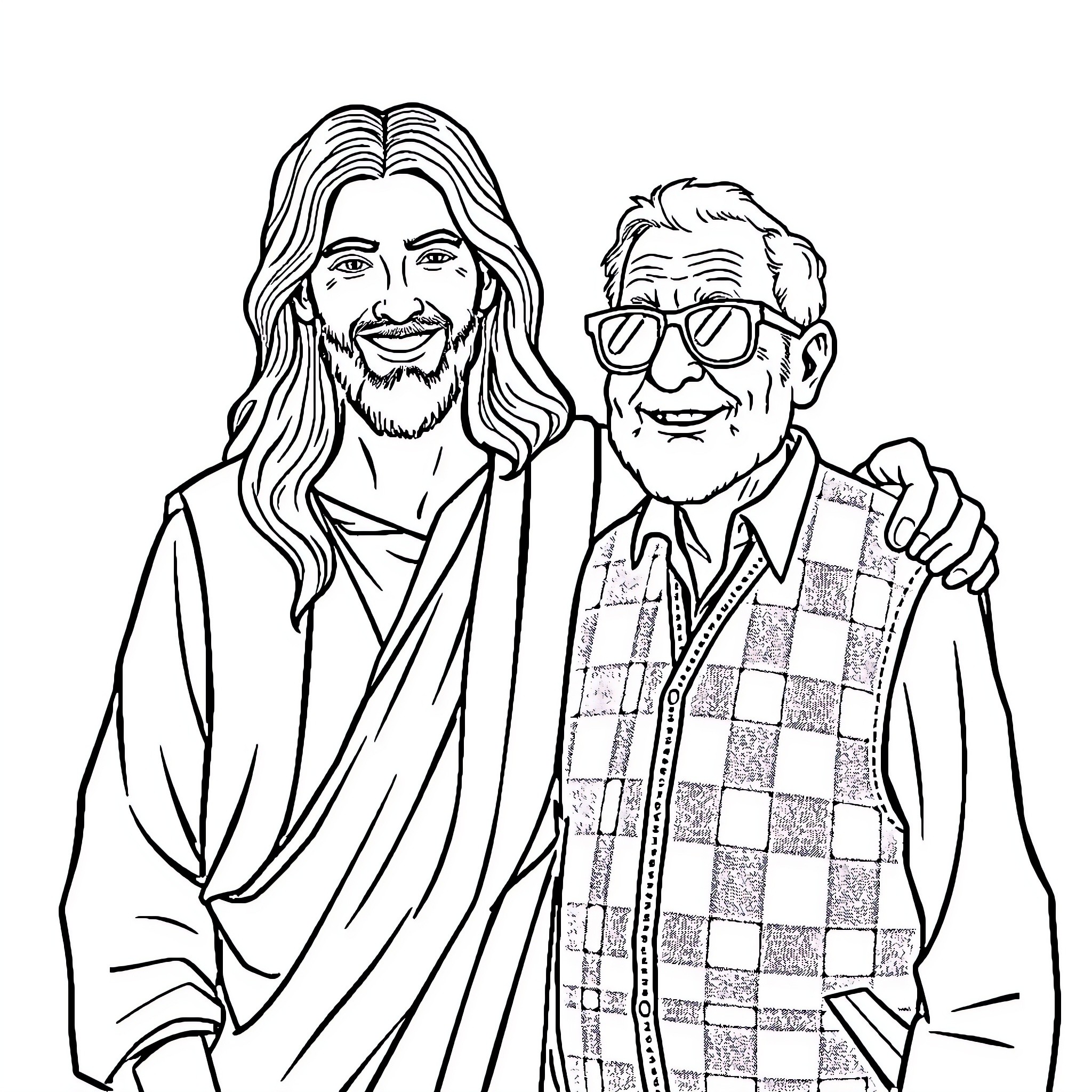 Jesus with a friendly elderly man Coloring Page (free black-and-white line drawing printable PDF for all, from beginners to advanced learners, including children, teens, adults, and seniors)