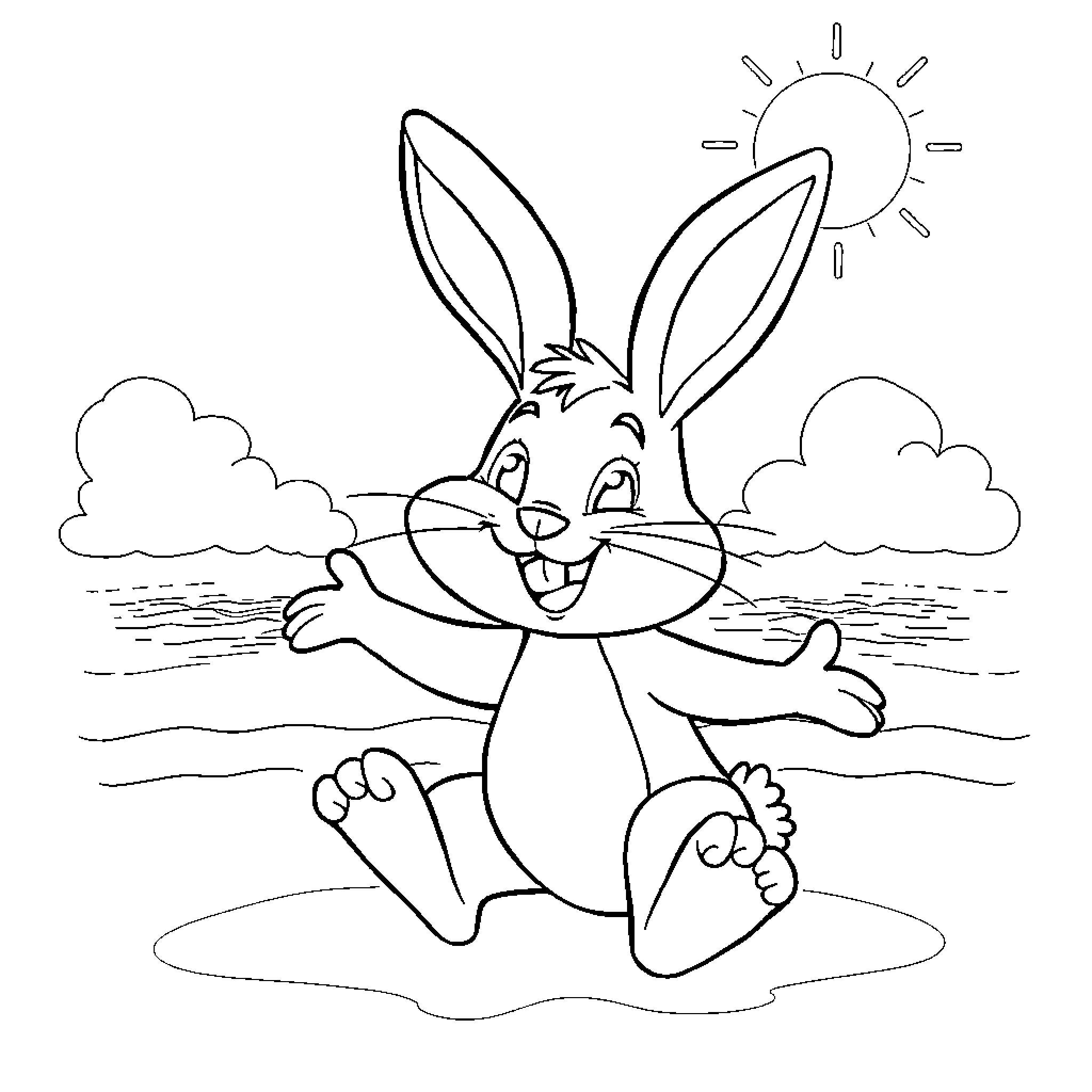 Bunny enjoying a sunny day outdoors Coloring Page (free black-and-white line drawing printable PDF for all, from beginners to advanced learners, including children, teens, adults, and seniors)