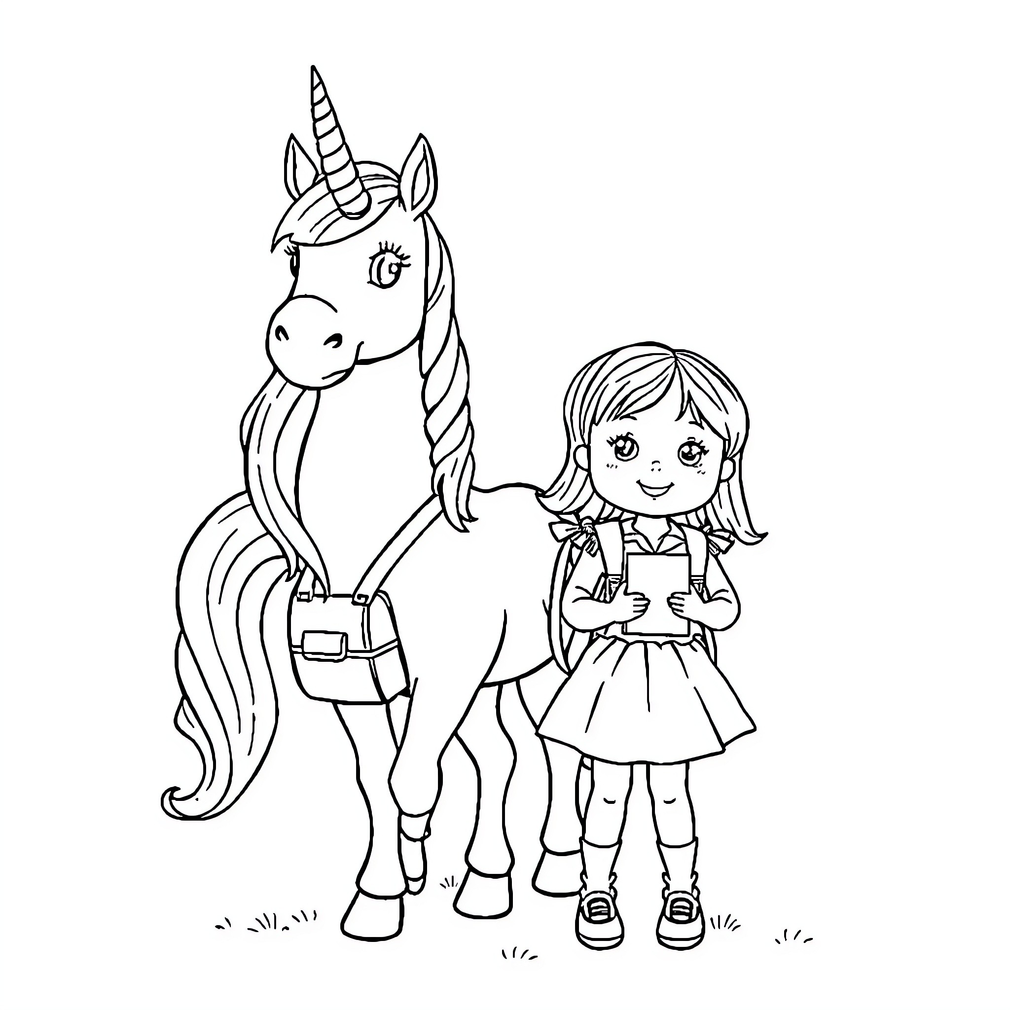 Unicorn and young girl on a journey Coloring Page (free black-and-white line drawing printable PDF for all, from beginners to advanced learners, including children, teens, adults, and seniors)