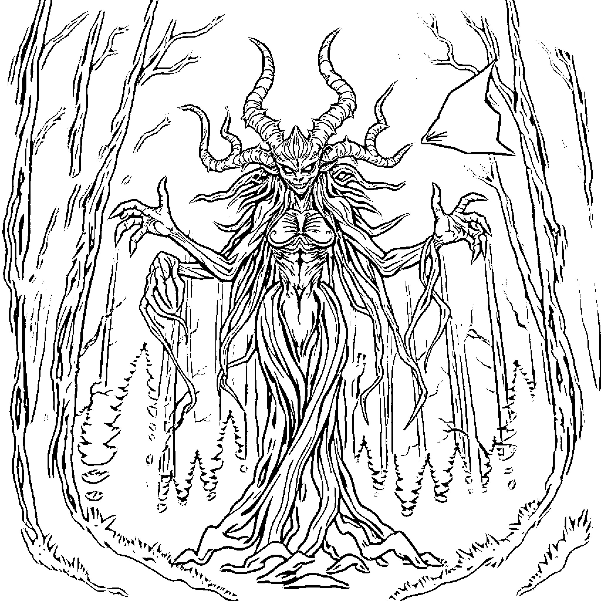 Siren Head - Monstrous Deity in Mystical Forest Coloring Page (free black-and-white line drawing printable PDF for all, from beginners to advanced learners, including children, teens, adults, and seniors)