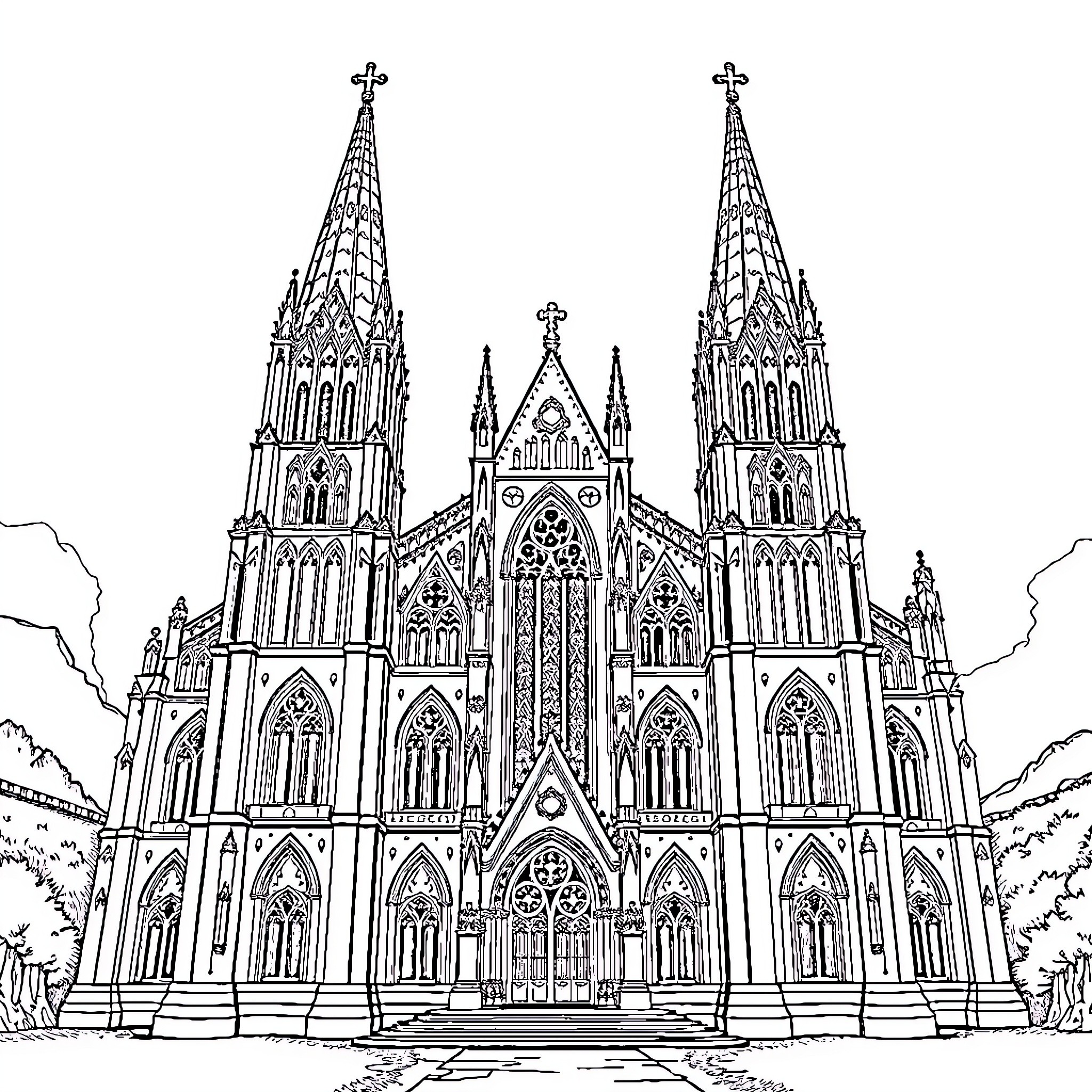 Church with Intricate Gothic Architecture Coloring Page (free black-and-white line drawing printable PDF for all, from beginners to advanced learners, including children, teens, adults, and seniors)