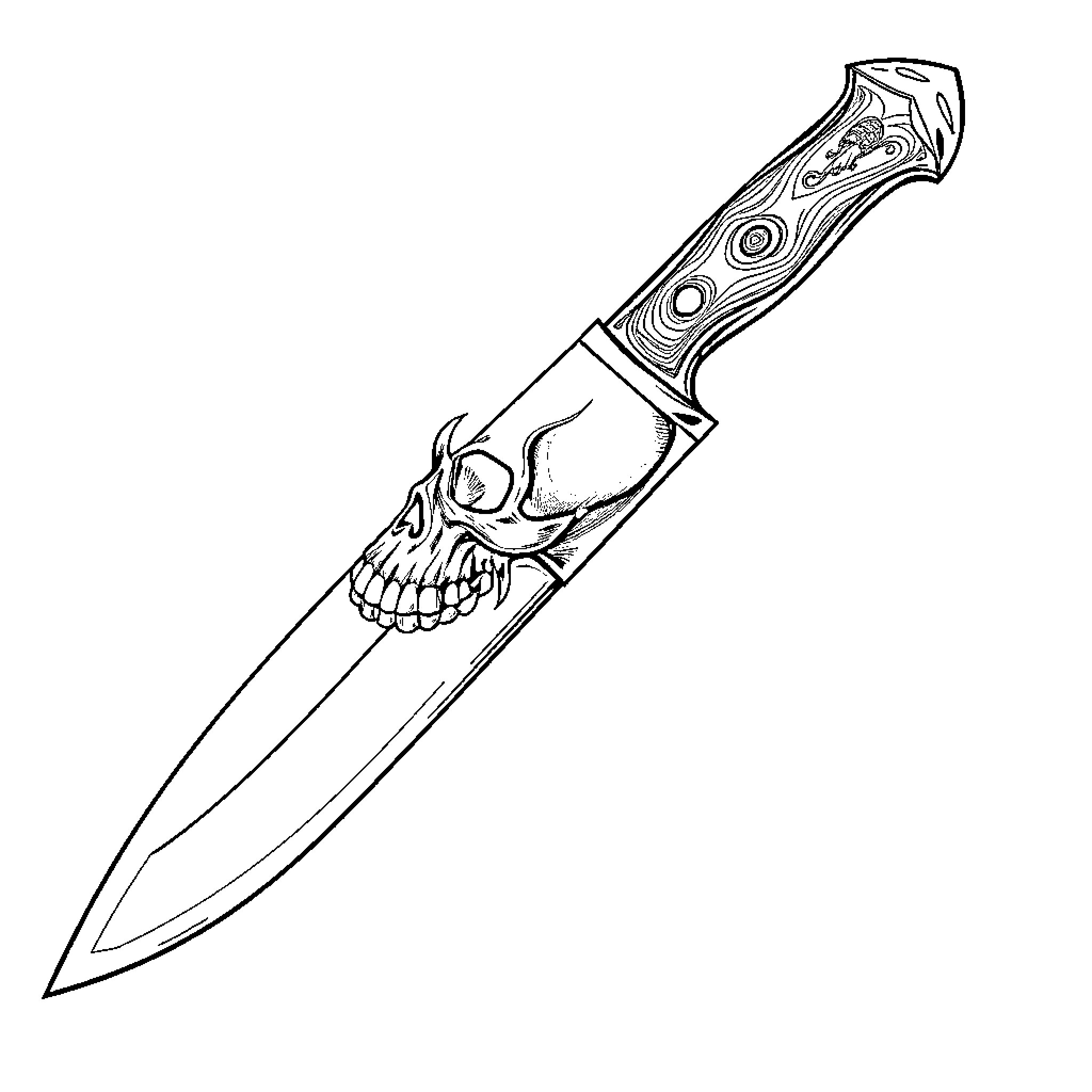 Knife with Skull Motif and Aggressive Appearance Coloring Page (free black-and-white line drawing printable PDF for all, from beginners to advanced learners, including children, teens, adults, and seniors)
