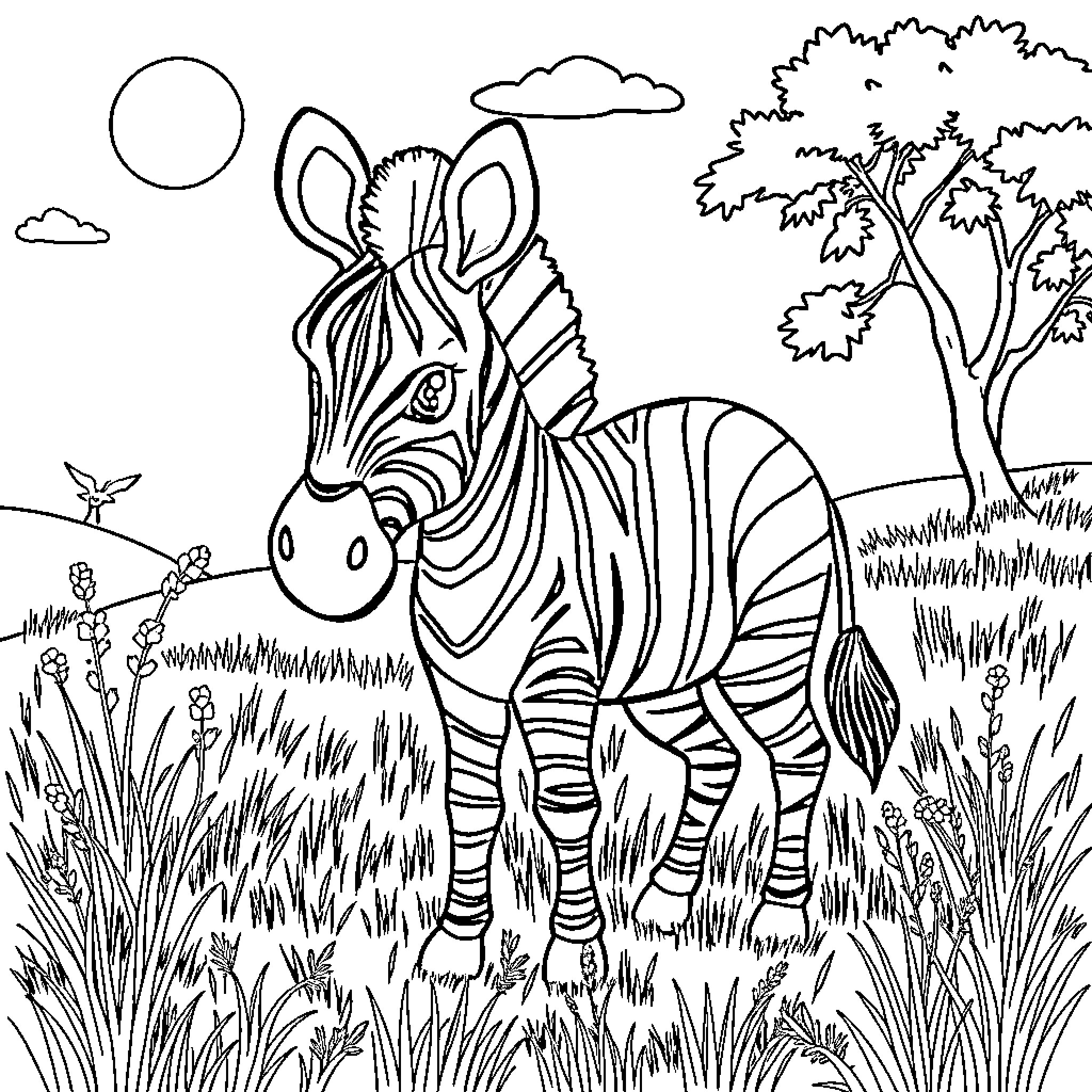 Zebra standing in the grassland with trees Coloring Page (free black-and-white line drawing printable PDF for all, from beginners to advanced learners, including children, teens, adults, and seniors)