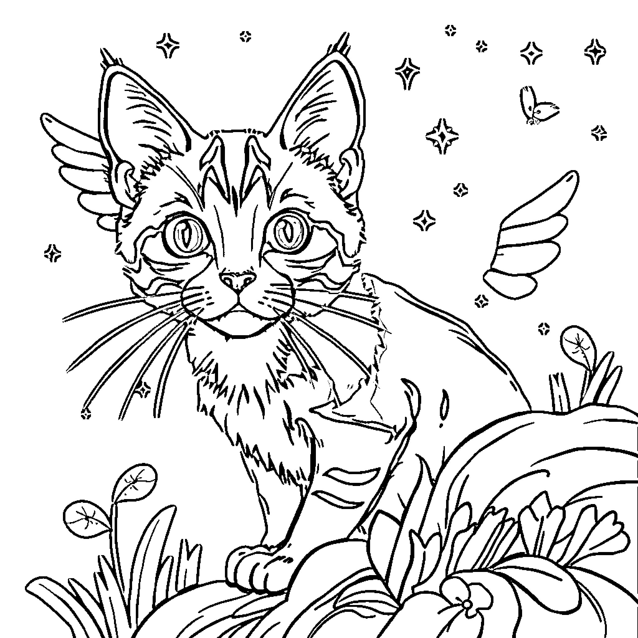 Cat with Whimsical Wings in a Magical Garden Coloring Page (free black-and-white line drawing printable PDF for all, from beginners to advanced learners, including children, teens, adults, and seniors)
