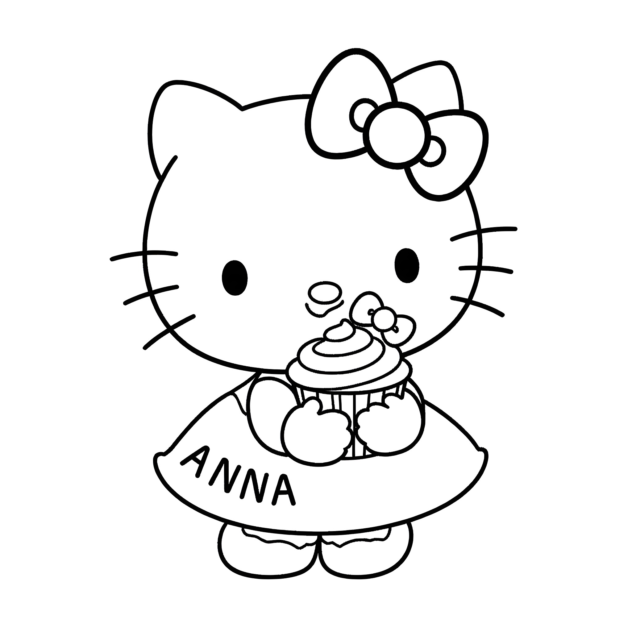 Hello Kitty holding a cupcake Coloring Page (free black-and-white line drawing printable PDF for all, from beginners to advanced learners, including children, teens, adults, and seniors)