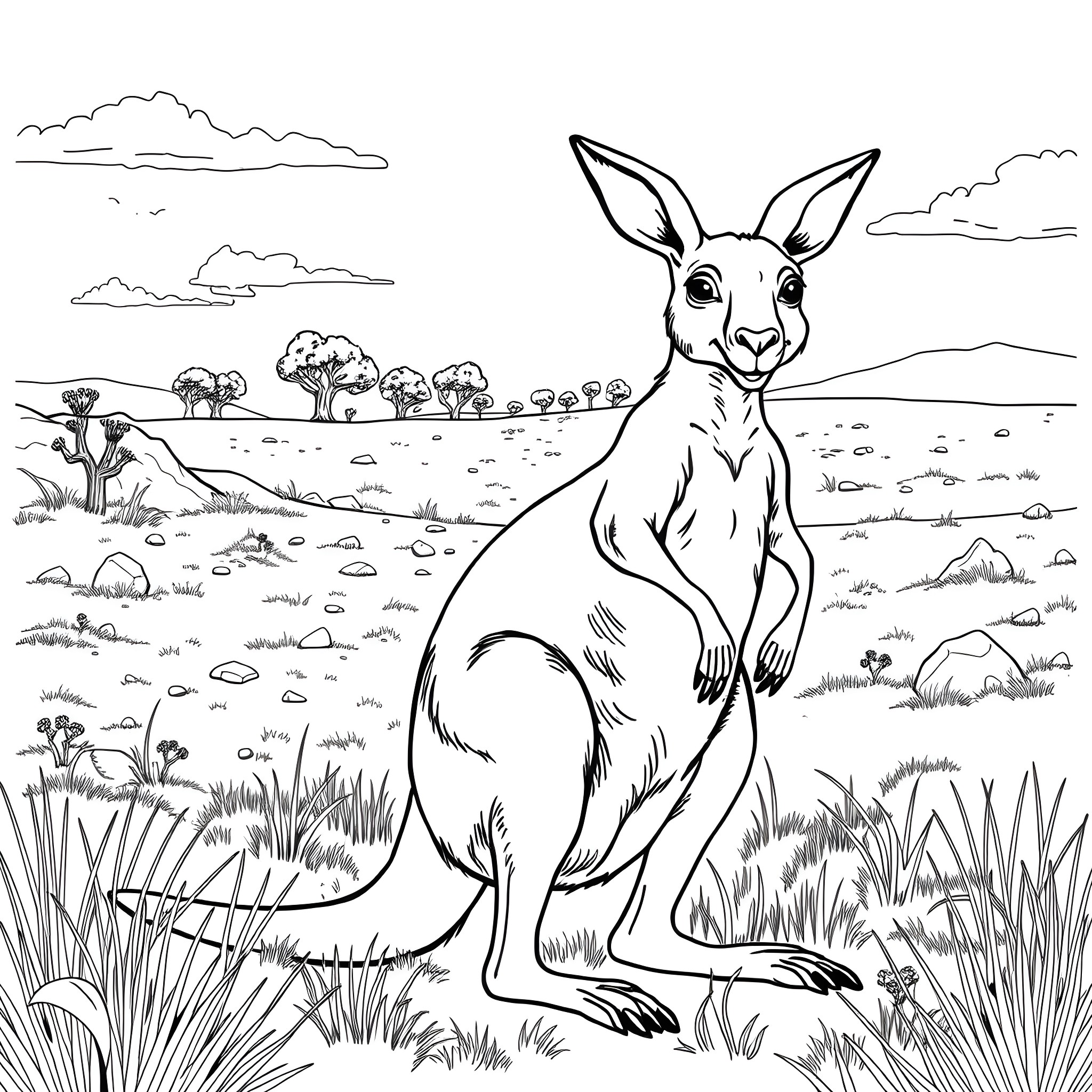 Kangaroo standing in a field with shrubs and clouds Coloring Page (free black-and-white line drawing printable PDF for all, from beginners to advanced learners, including children, teens, adults, and seniors)