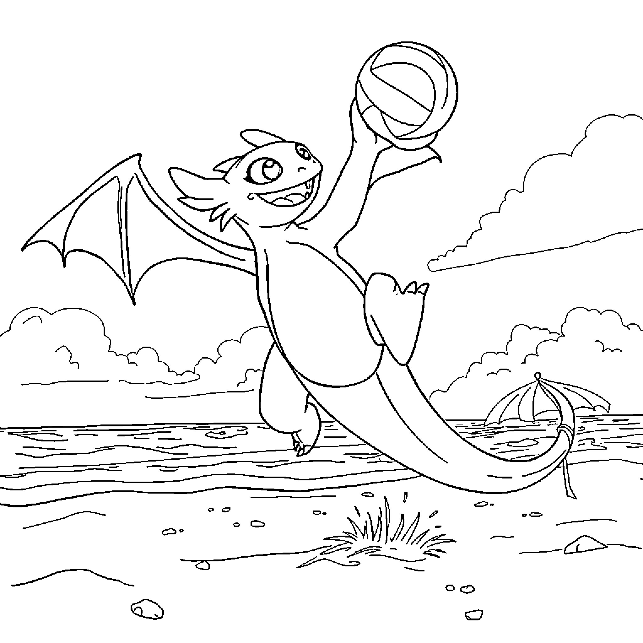Toothless playing with a ball on the beach Coloring Page (free black-and-white line drawing printable PDF for all, from beginners to advanced learners, including children, teens, adults, and seniors)