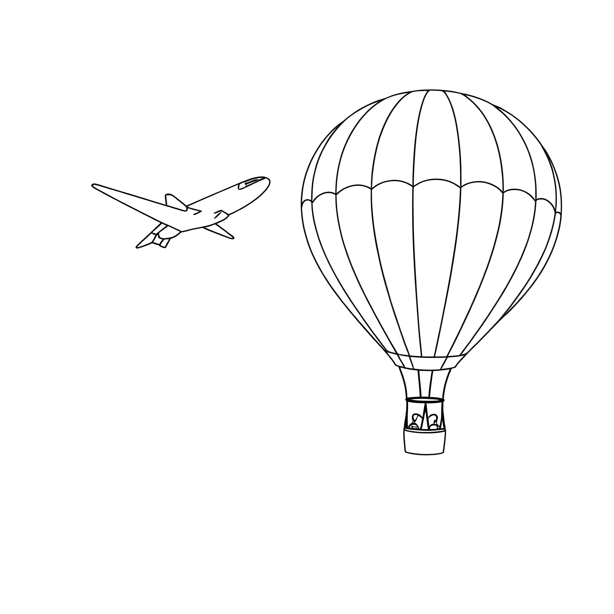 Airplane and hot air balloon in flight Coloring Page (free black-and-white line drawing printable PDF for all, from beginners to advanced learners, including children, teens, adults, and seniors)