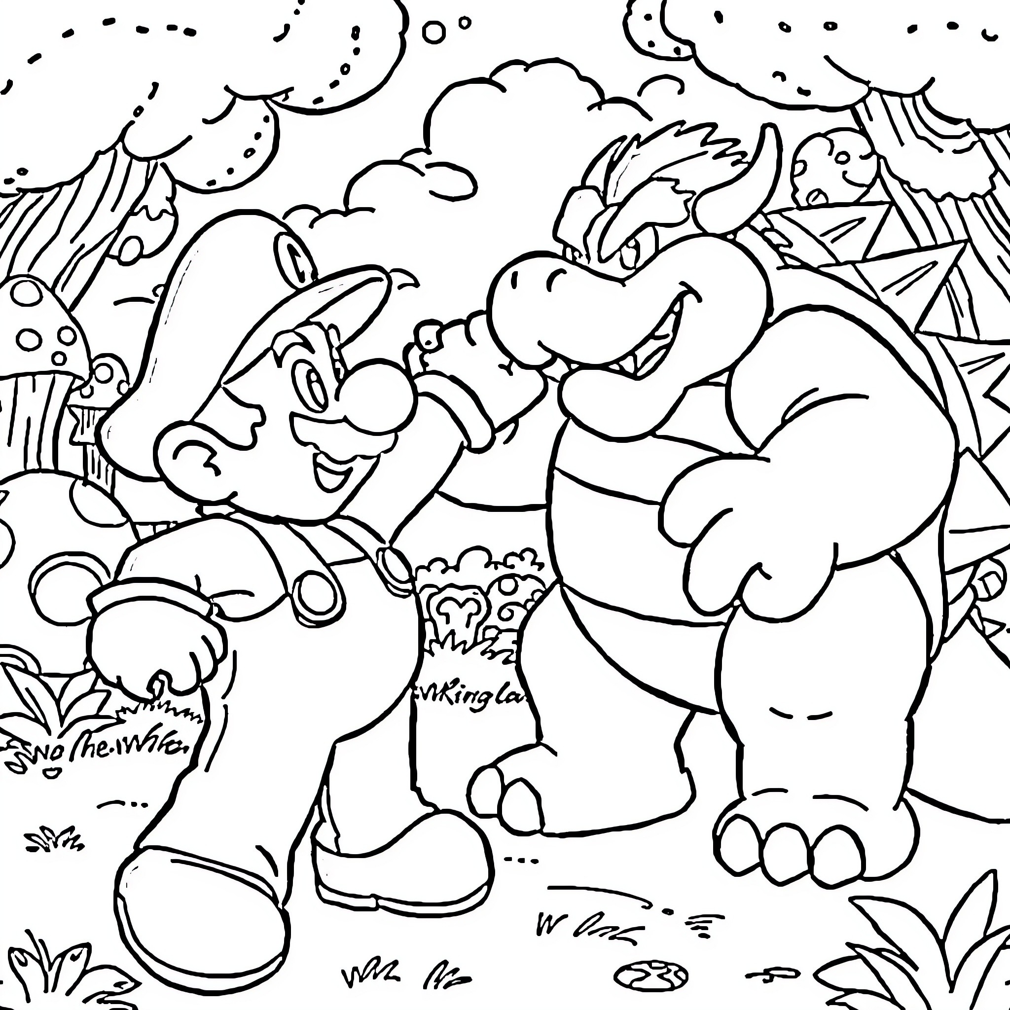 Mario and Bowser in Animated Adventure Coloring Page (free black-and-white line drawing printable PDF for all, from beginners to advanced learners, including children, teens, adults, and seniors)