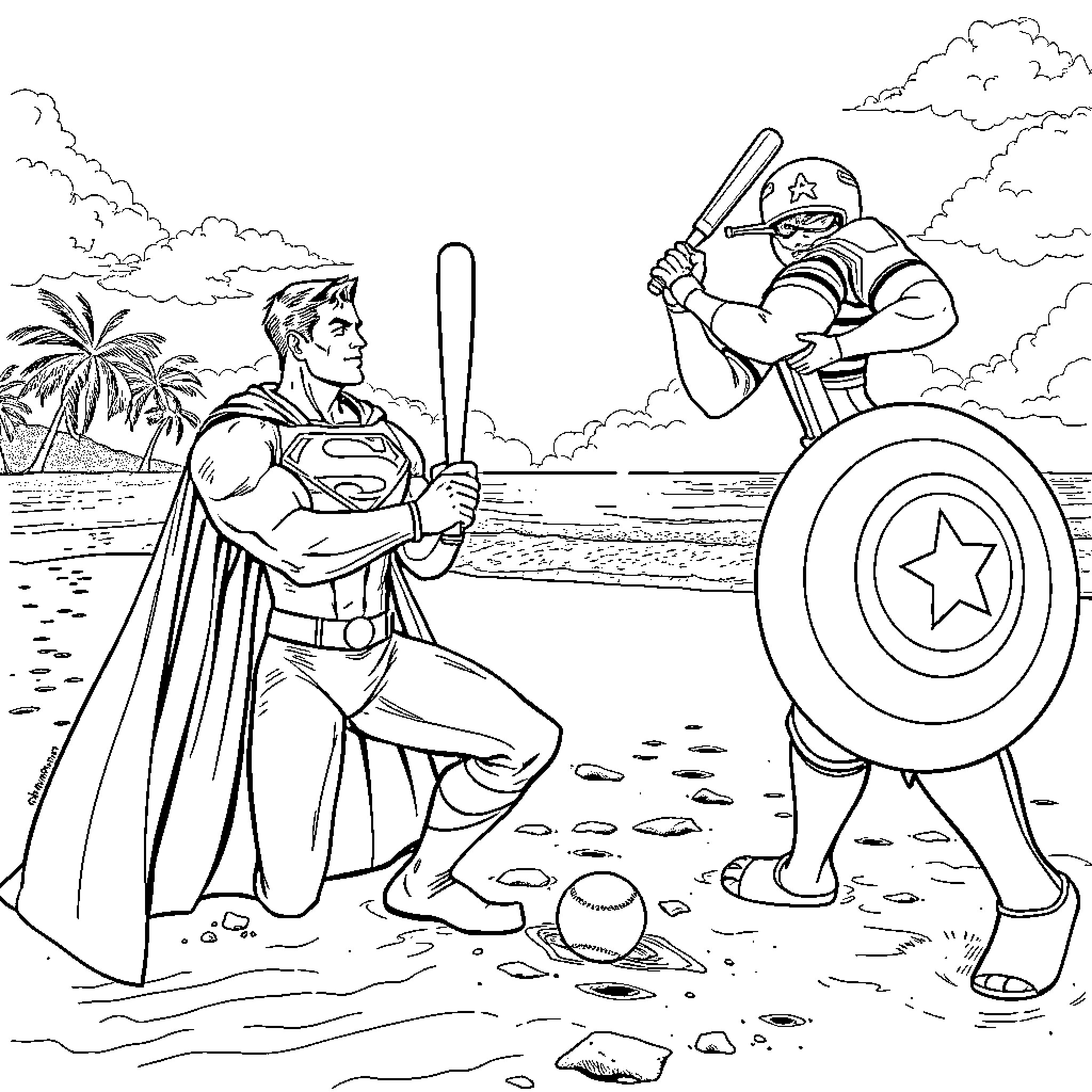 Superman battles superhero opponent on tropical beach Coloring Page (free black-and-white line drawing printable PDF for all, from beginners to advanced learners, including children, teens, adults, and seniors)