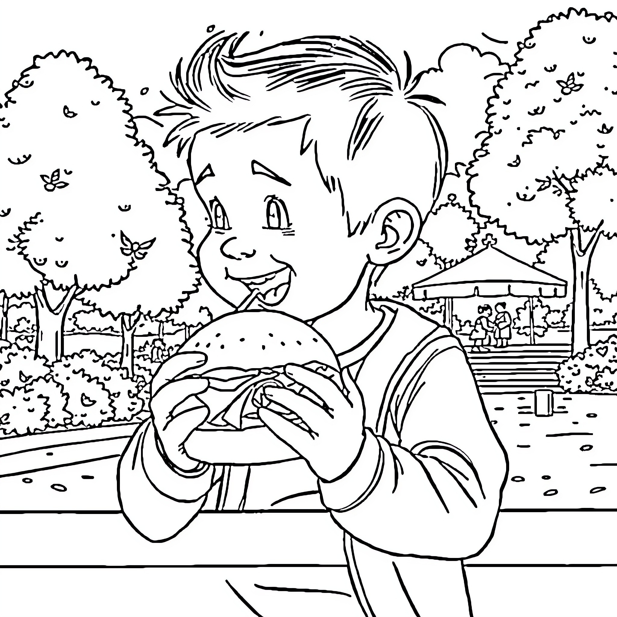 Boy happily eating an ice cream in the park Coloring Page (free black-and-white line drawing printable PDF for all, from beginners to advanced learners, including children, teens, adults, and seniors)