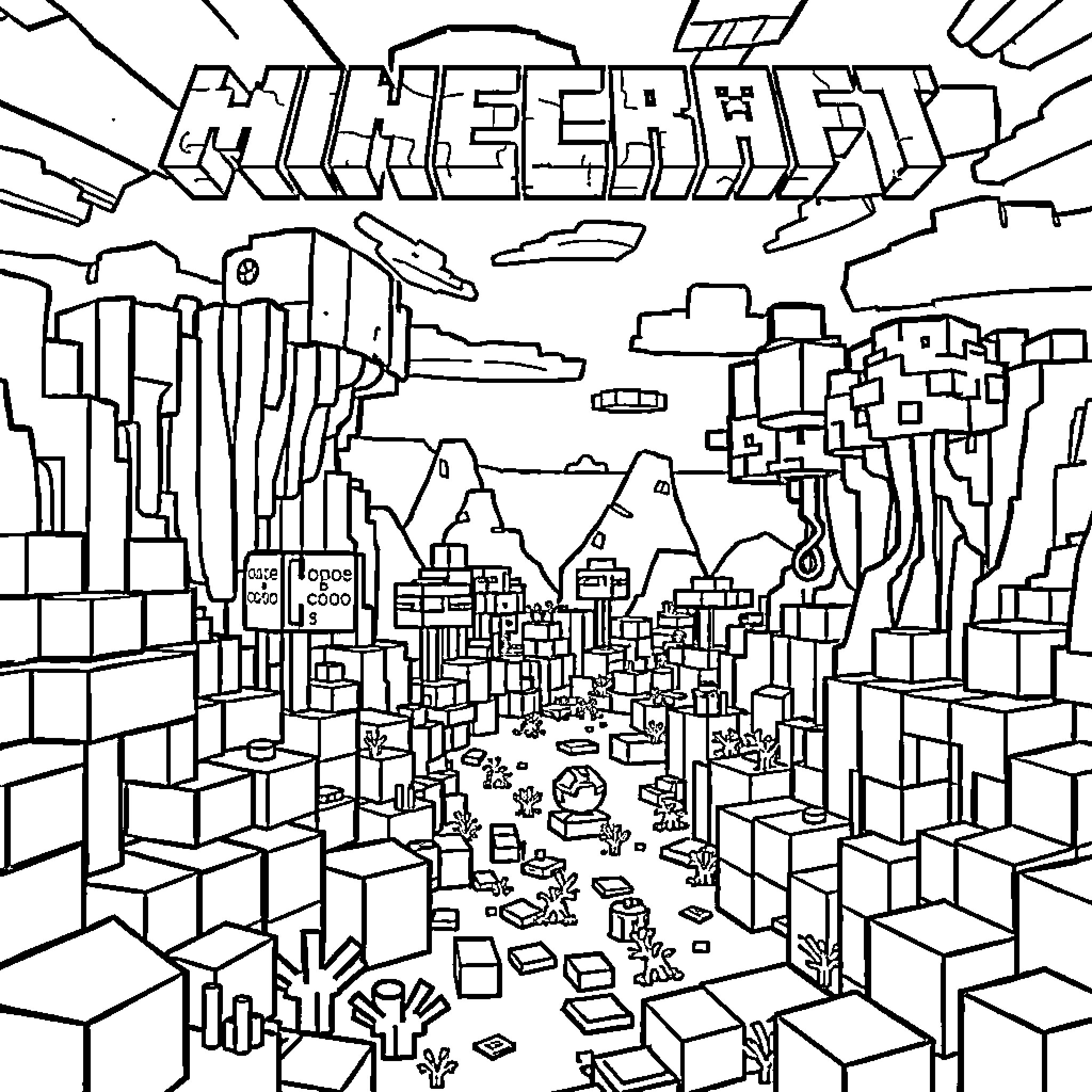 Minecraft City Exploration Adventure Coloring Page (free black-and-white line drawing printable PDF for all, from beginners to advanced learners, including children, teens, adults, and seniors)