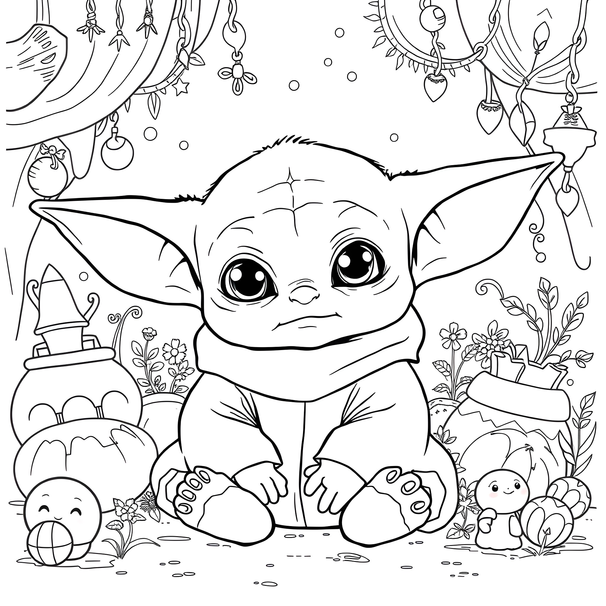 Baby Yoda surrounded by holiday decorations and toys Coloring Page (free black-and-white line drawing printable PDF for all, from beginners to advanced learners, including children, teens, adults, and seniors)