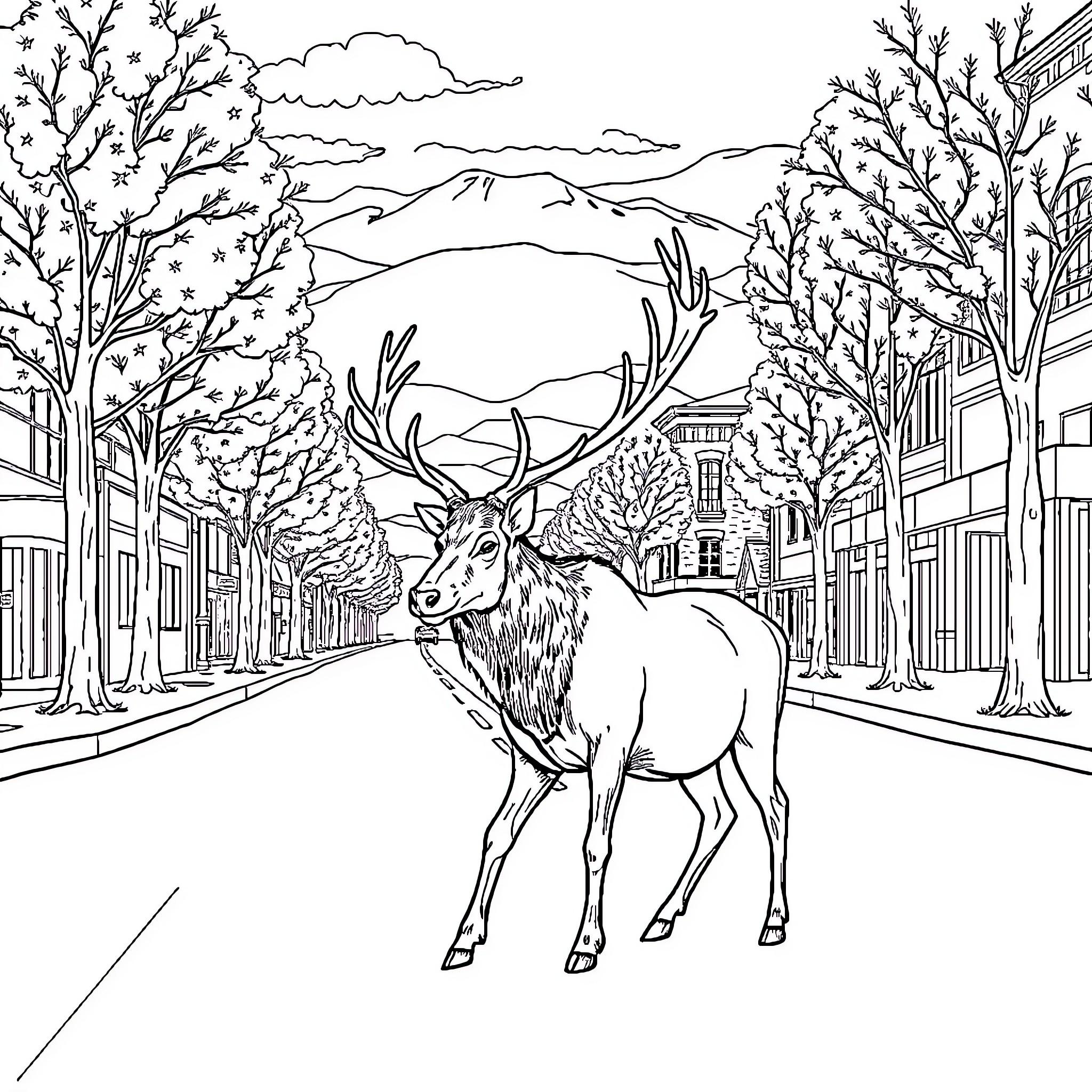 Elk standing in a tranquil mountain town Coloring Page (free black-and-white line drawing printable PDF for all, from beginners to advanced learners, including children, teens, adults, and seniors)
