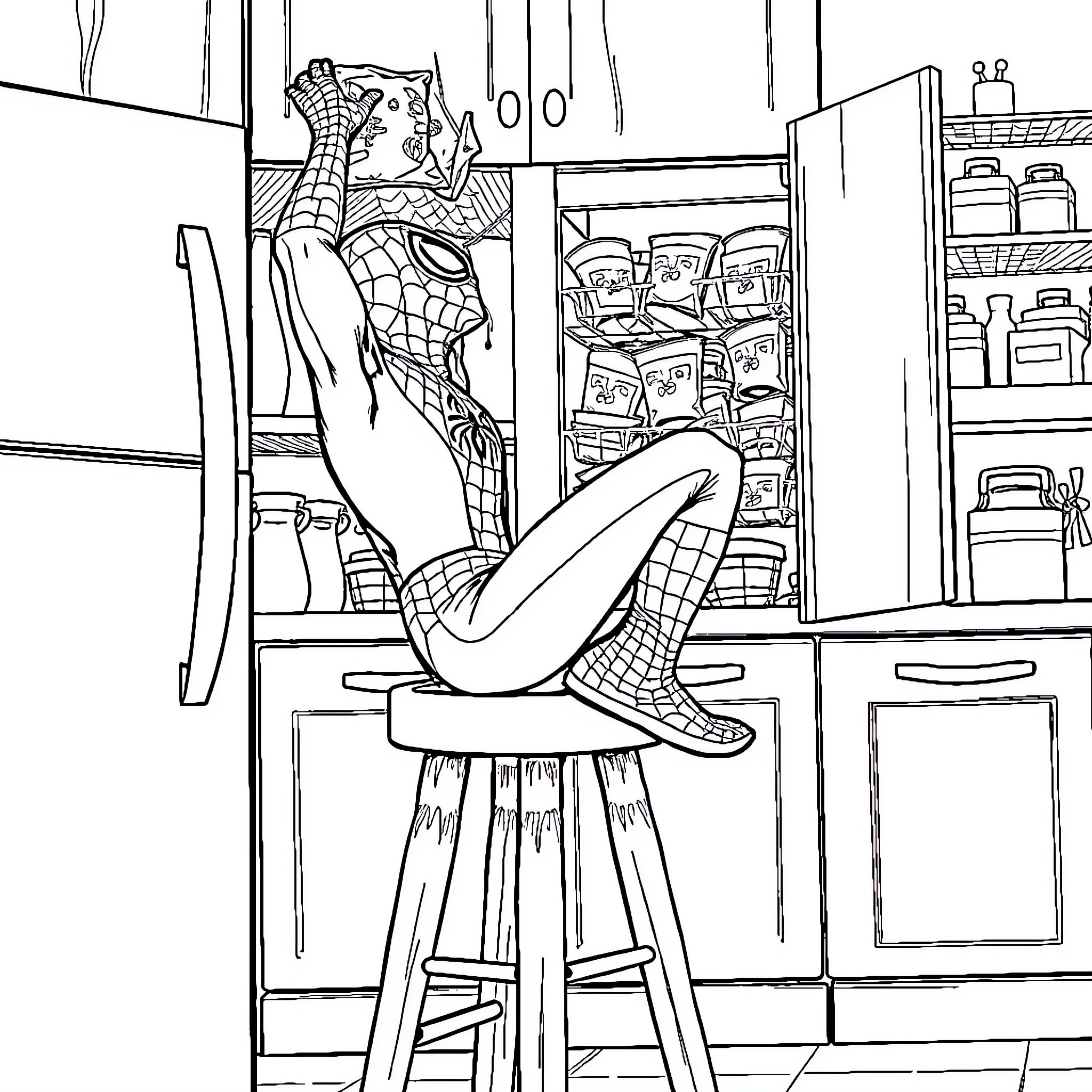 Spider-Man relaxing in a cozy kitchen Coloring Page (free black-and-white line drawing printable PDF for all, from beginners to advanced learners, including children, teens, adults, and seniors)