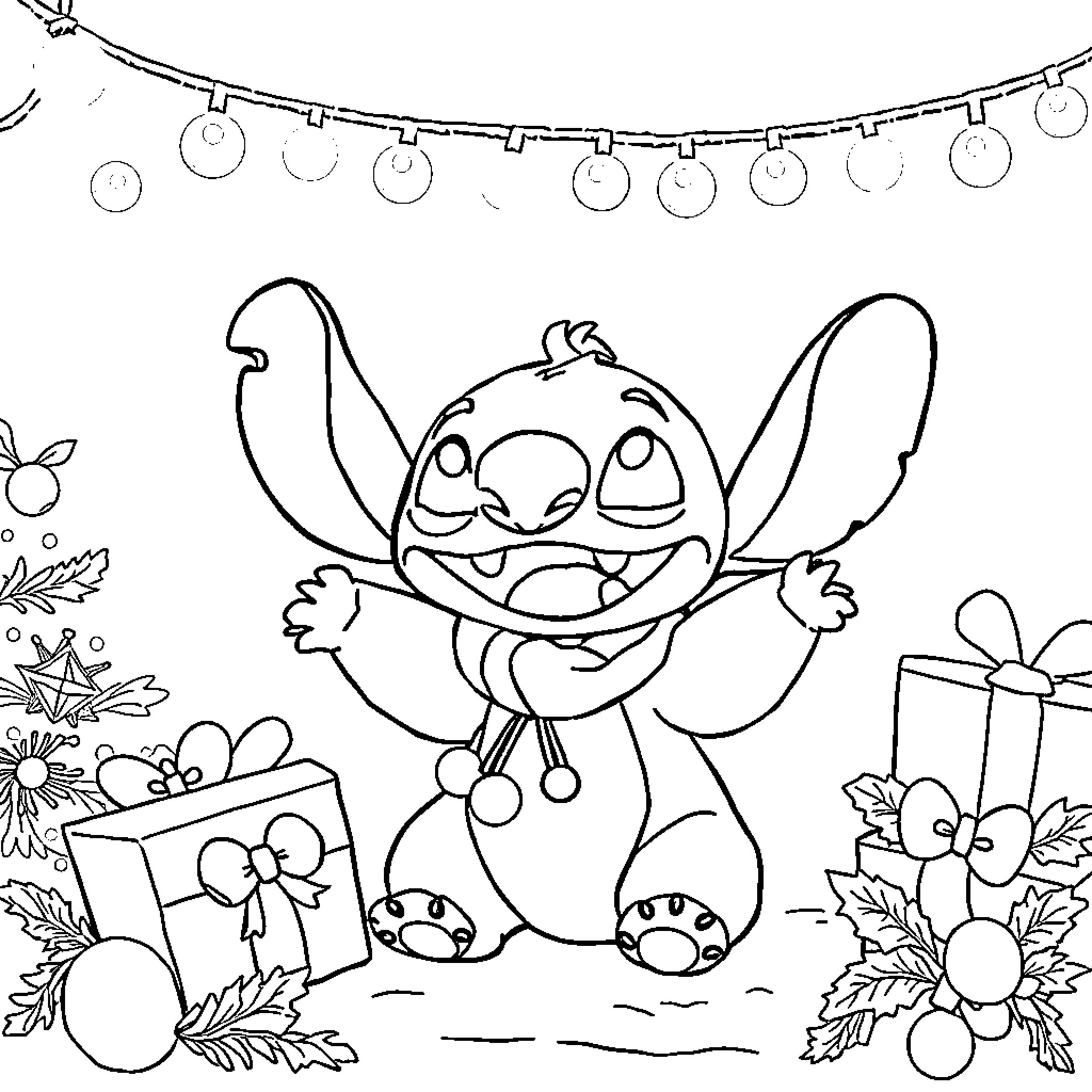 Stitch celebrating Christmas with presents and decorations Coloring Page (free black-and-white line drawing printable PDF for all, from beginners to advanced learners, including children, teens, adults, and seniors)