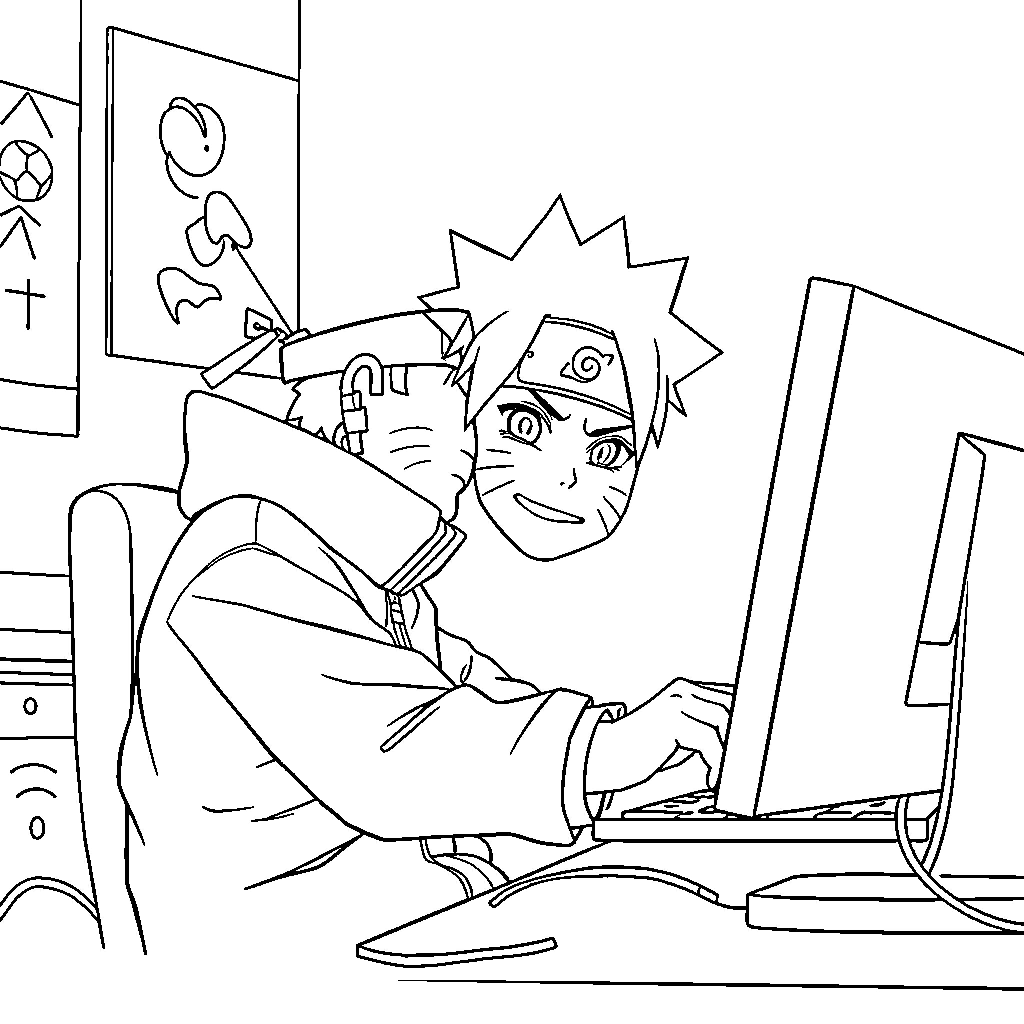 Naruto working diligently on a computer Coloring Page (free black-and-white line drawing printable PDF for all, from beginners to advanced learners, including children, teens, adults, and seniors)